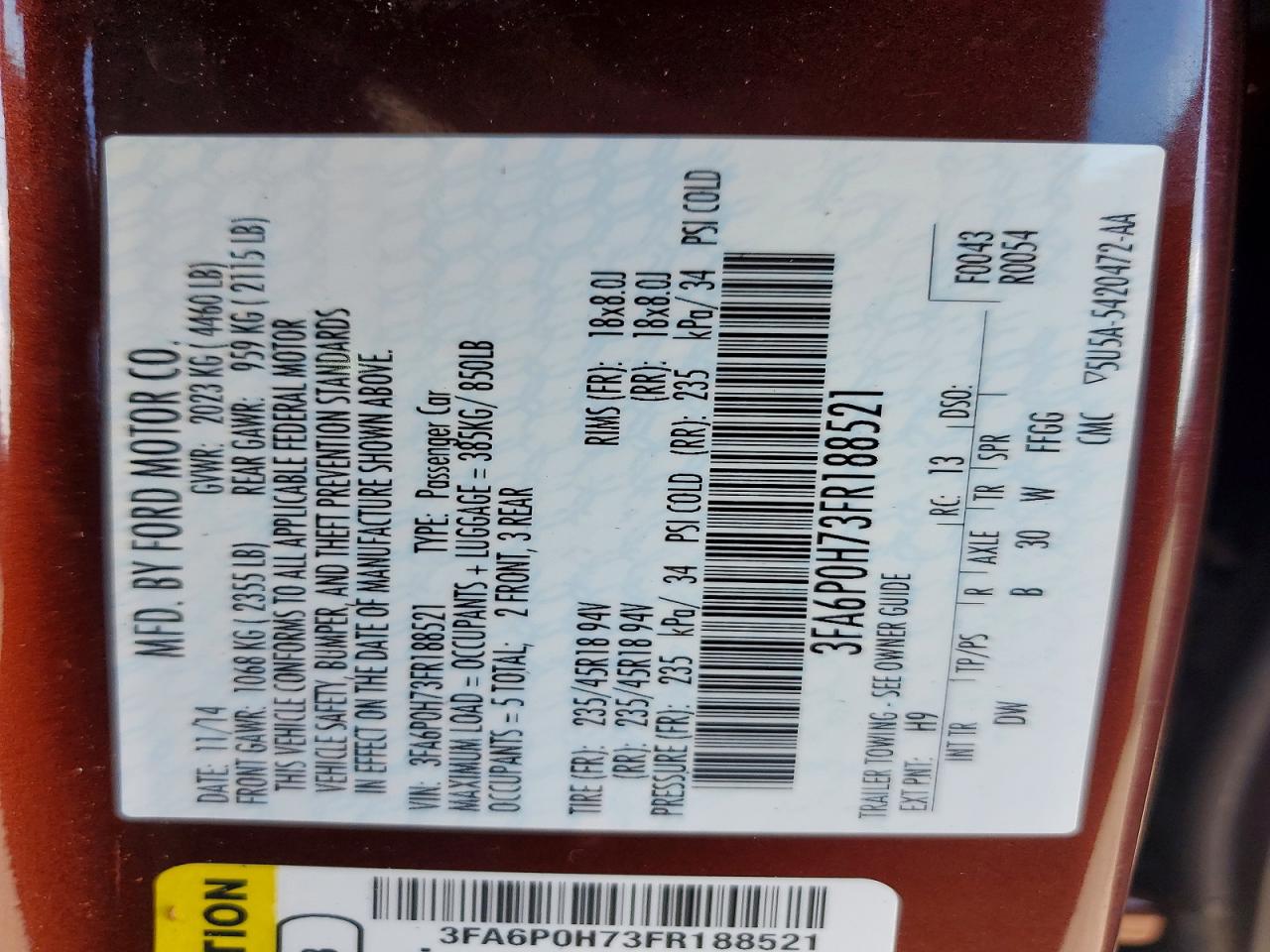 2015 Ford Fusion Se Burgundy vin: 3FA6P0H73FR188521