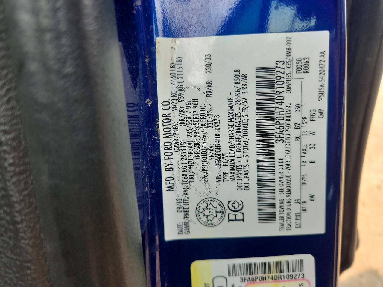 2013 Ford Fusion Se Blue vin: 3FA6P0H74DR109273