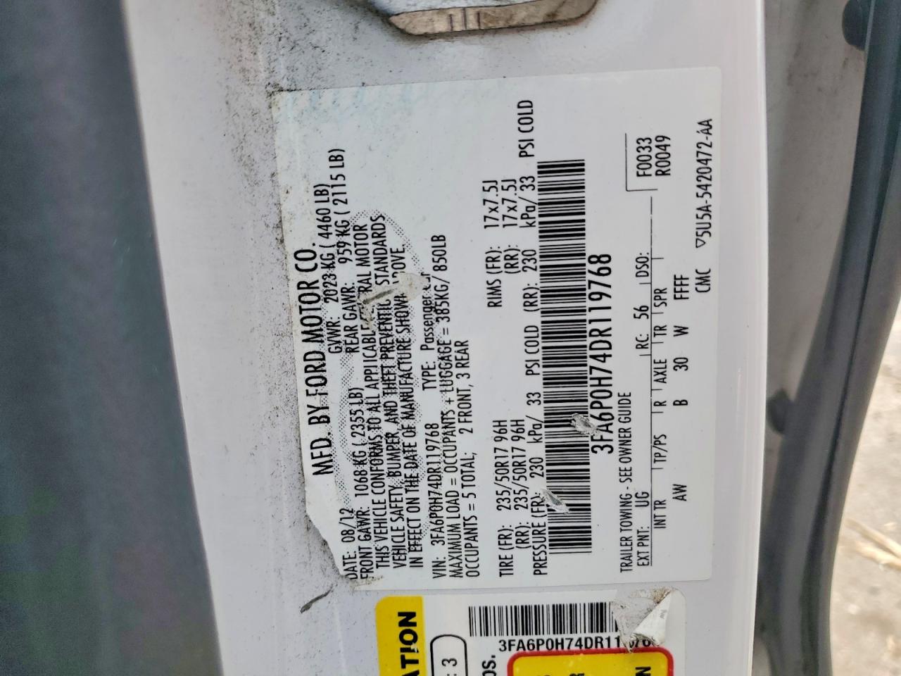 2013 Ford Fusion Se White vin: 3FA6P0H74DR119768