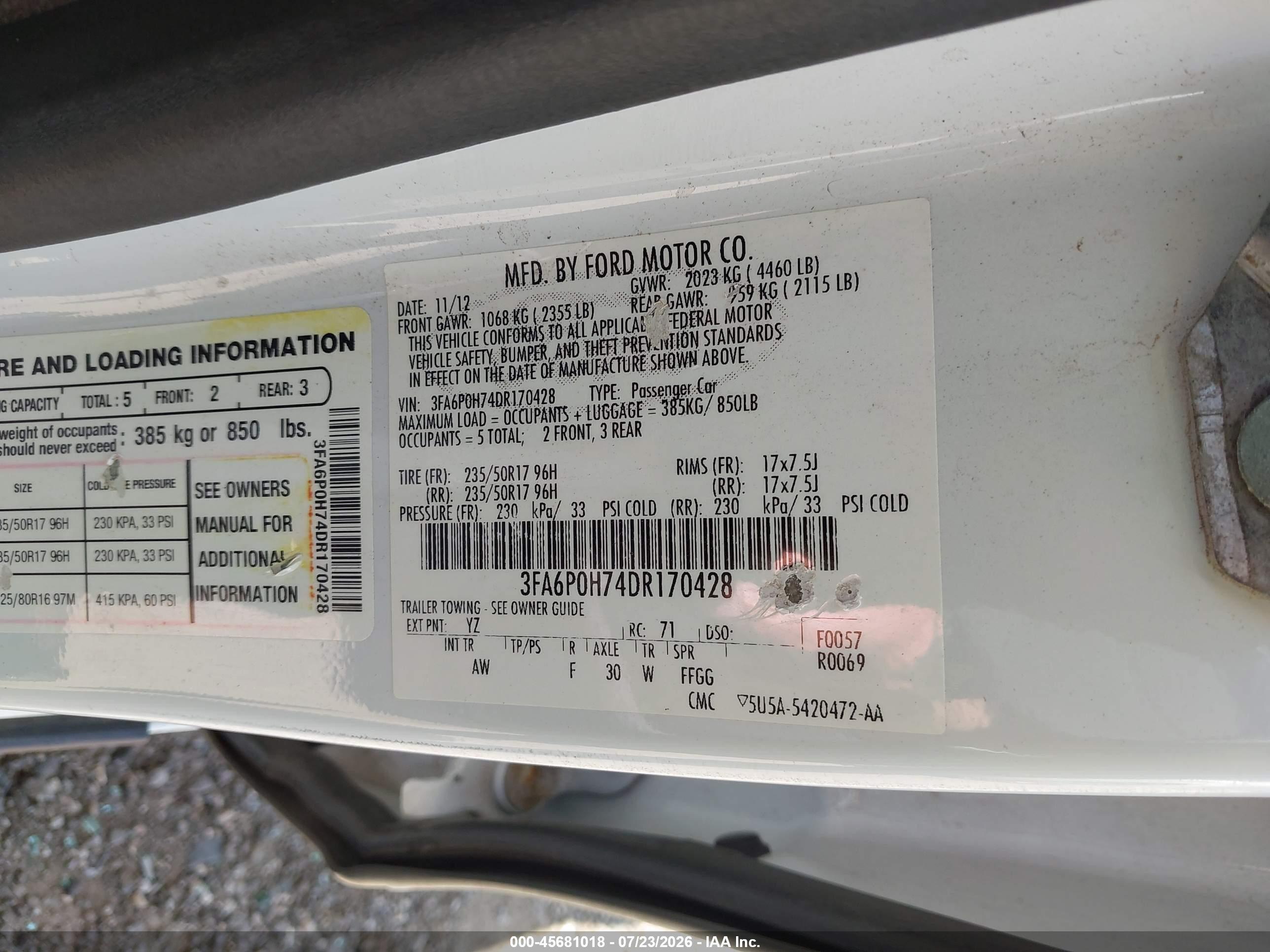 2013 Ford Fusion Se White vin: 3FA6P0H74DR170428