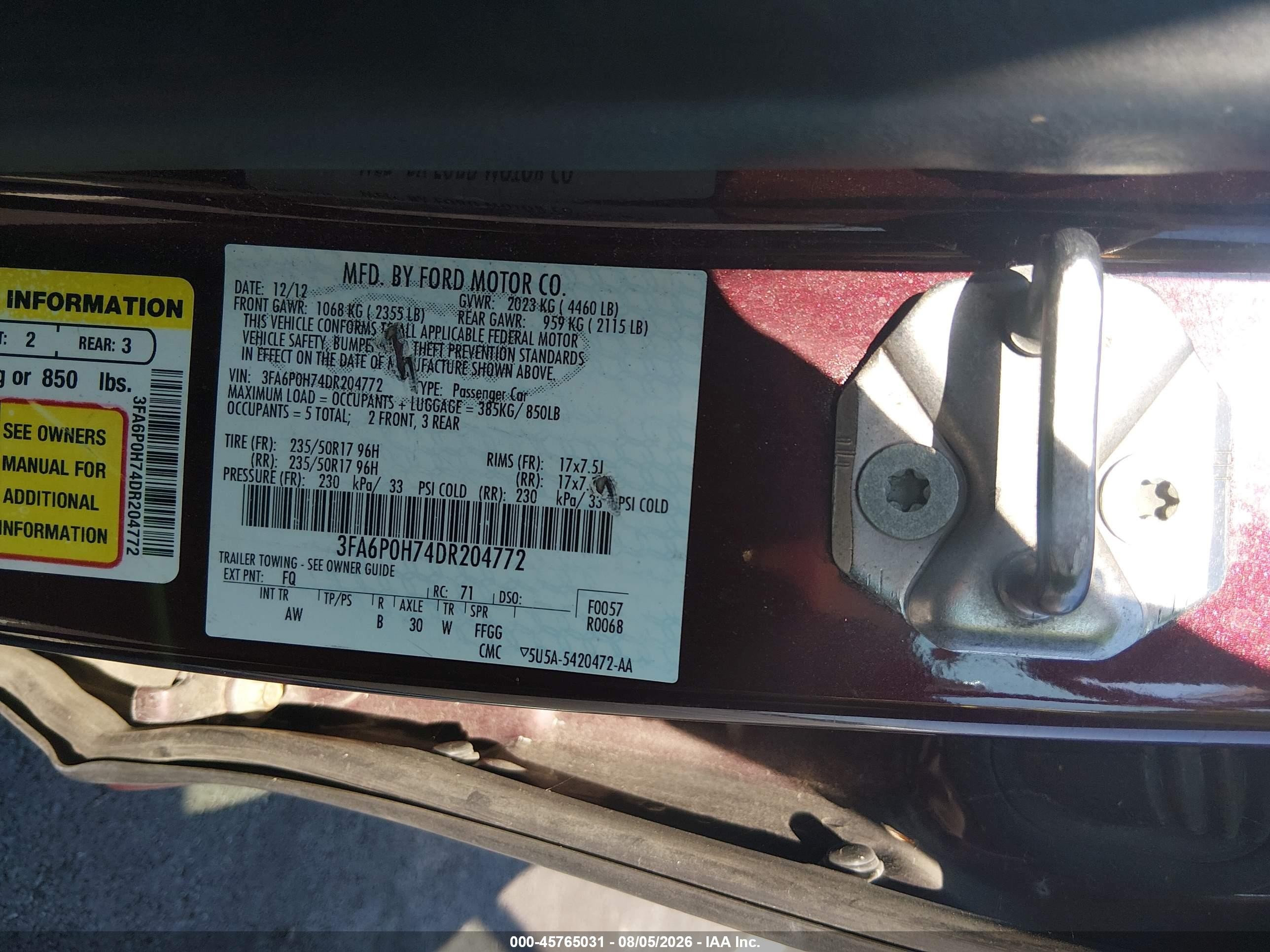 2013 Ford Fusion Se Maroon vin: 3FA6P0H74DR204772