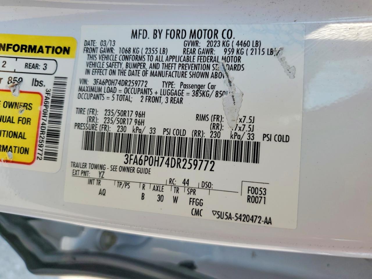 2013 Ford Fusion Se White vin: 3FA6P0H74DR259772
