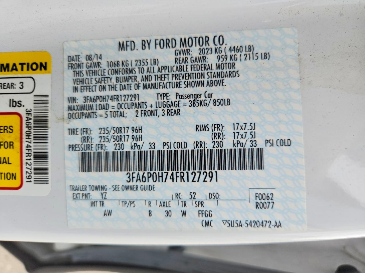 2015 Ford Fusion Se White vin: 3FA6P0H74FR127291
