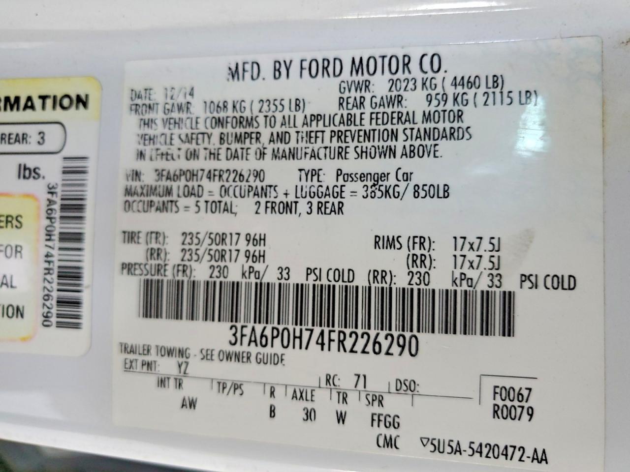 2015 Ford Fusion Se White vin: 3FA6P0H74FR226290