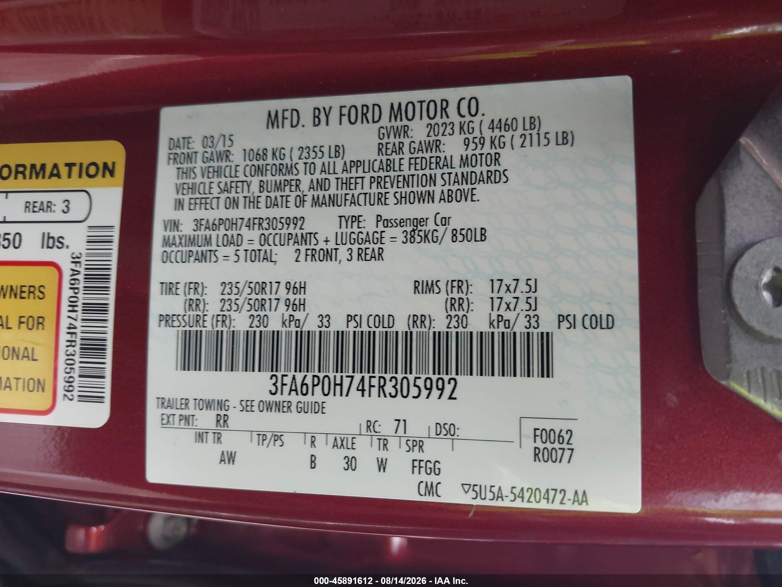 2015 Ford Fusion Se Red vin: 3FA6P0H74FR305992