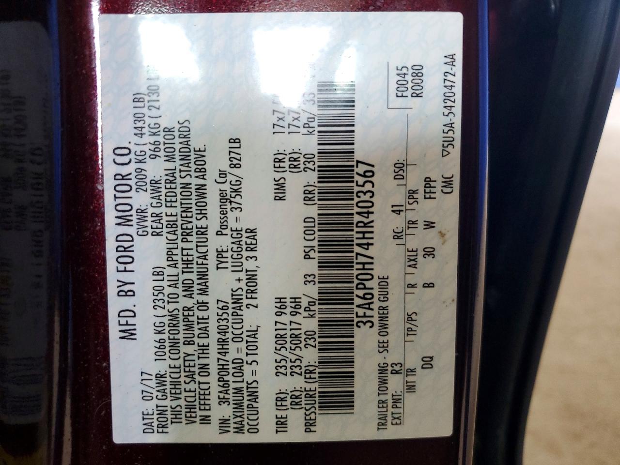 2017 Ford Fusion Se Burgundy vin: 3FA6P0H74HR403567