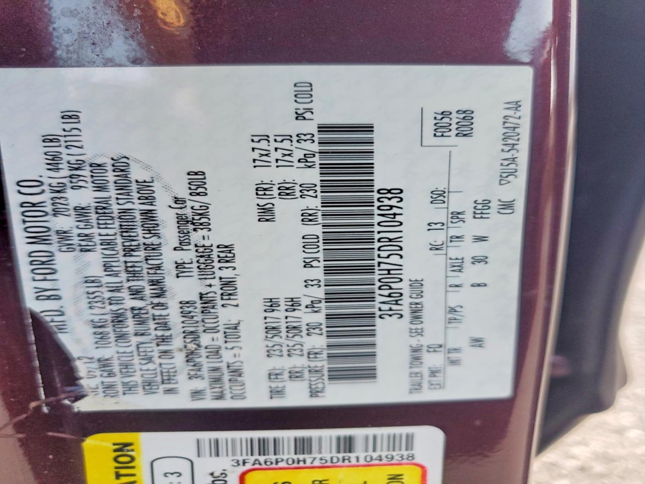 2013 Ford Fusion Se Burgundy vin: 3FA6P0H75DR104938