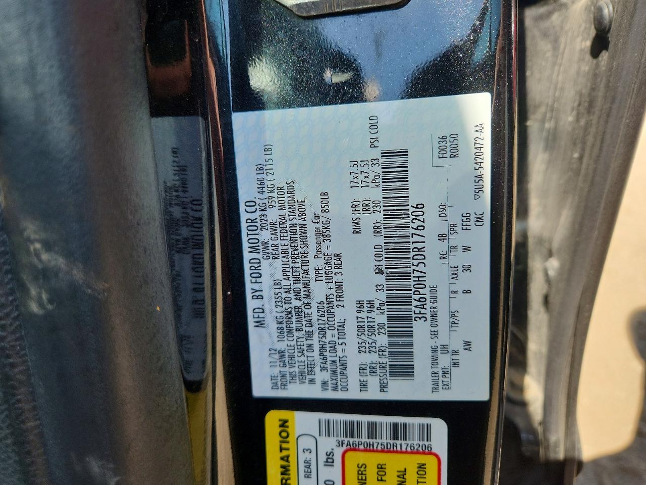 2013 Ford Fusion Se Black vin: 3FA6P0H75DR176206