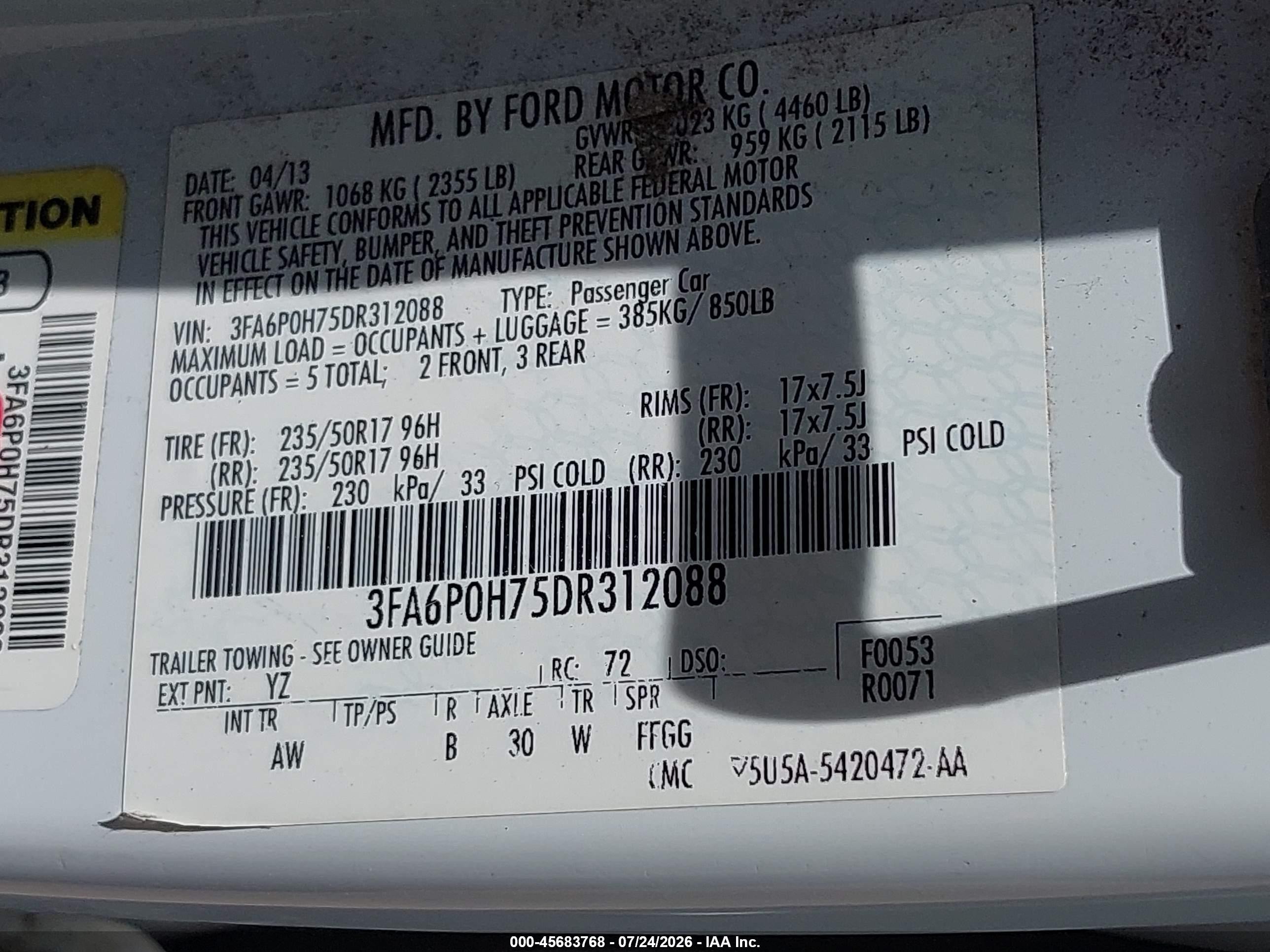 2013 Ford Fusion Se White vin: 3FA6P0H75DR312088