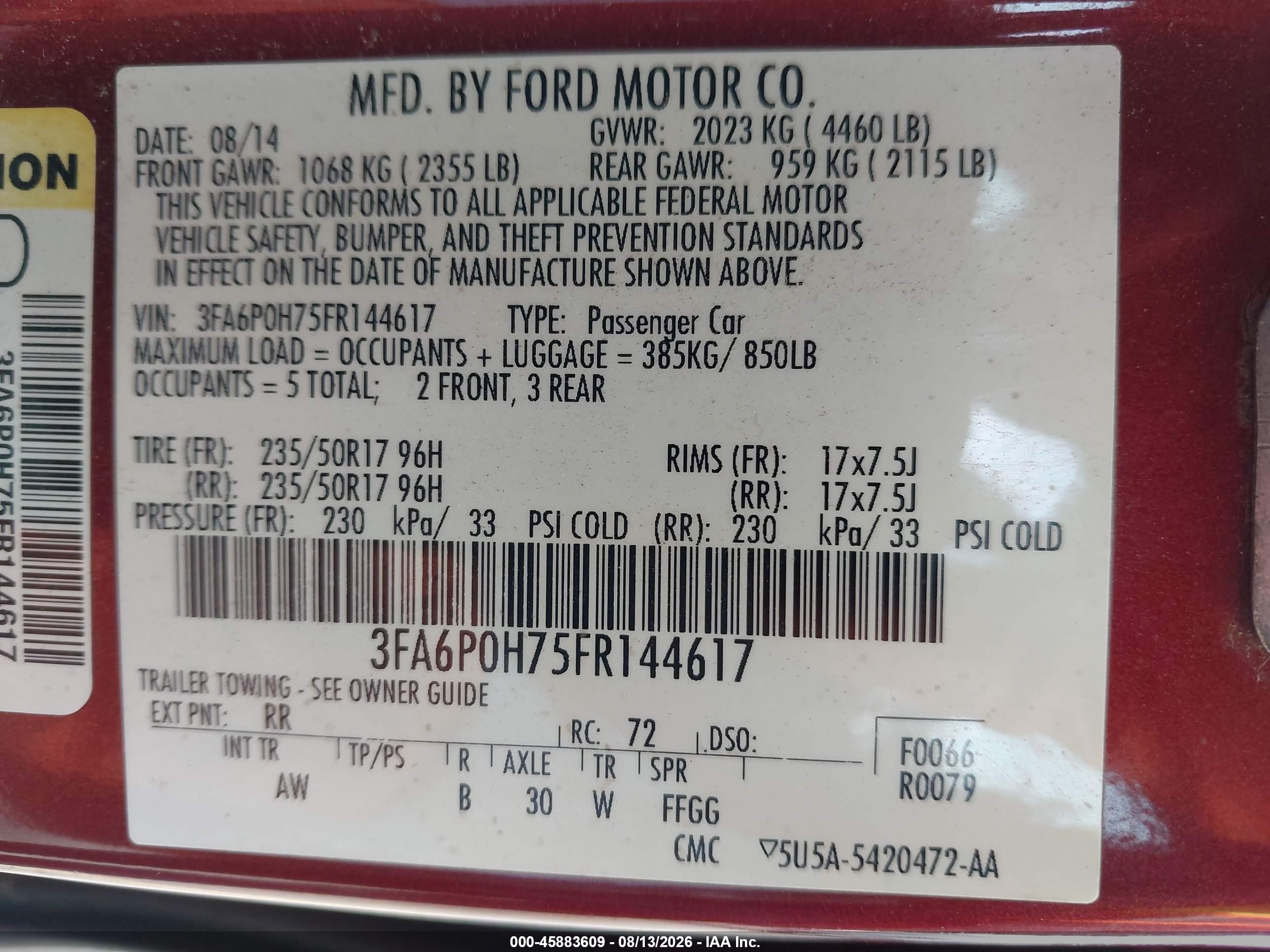 2015 Ford Fusion Se Burgundy vin: 3FA6P0H75FR144617