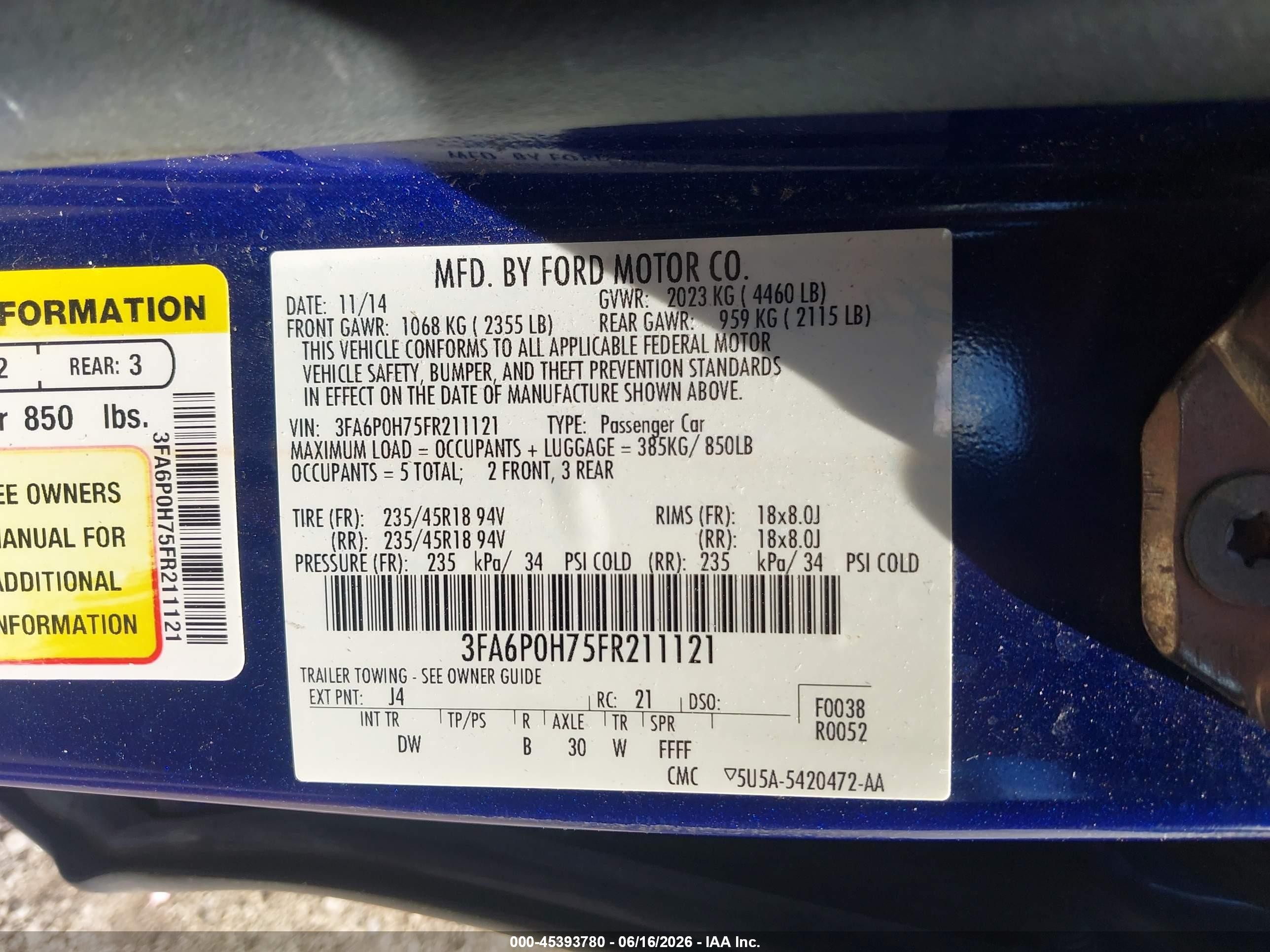 2015 Ford Fusion Se Blue vin: 3FA6P0H75FR211121