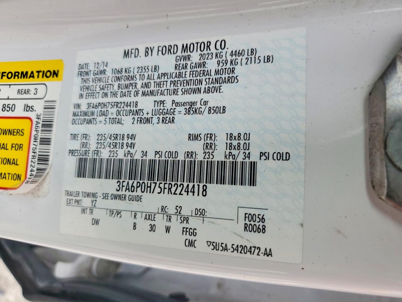 2015 Ford Fusion Se White vin: 3FA6P0H75FR224418