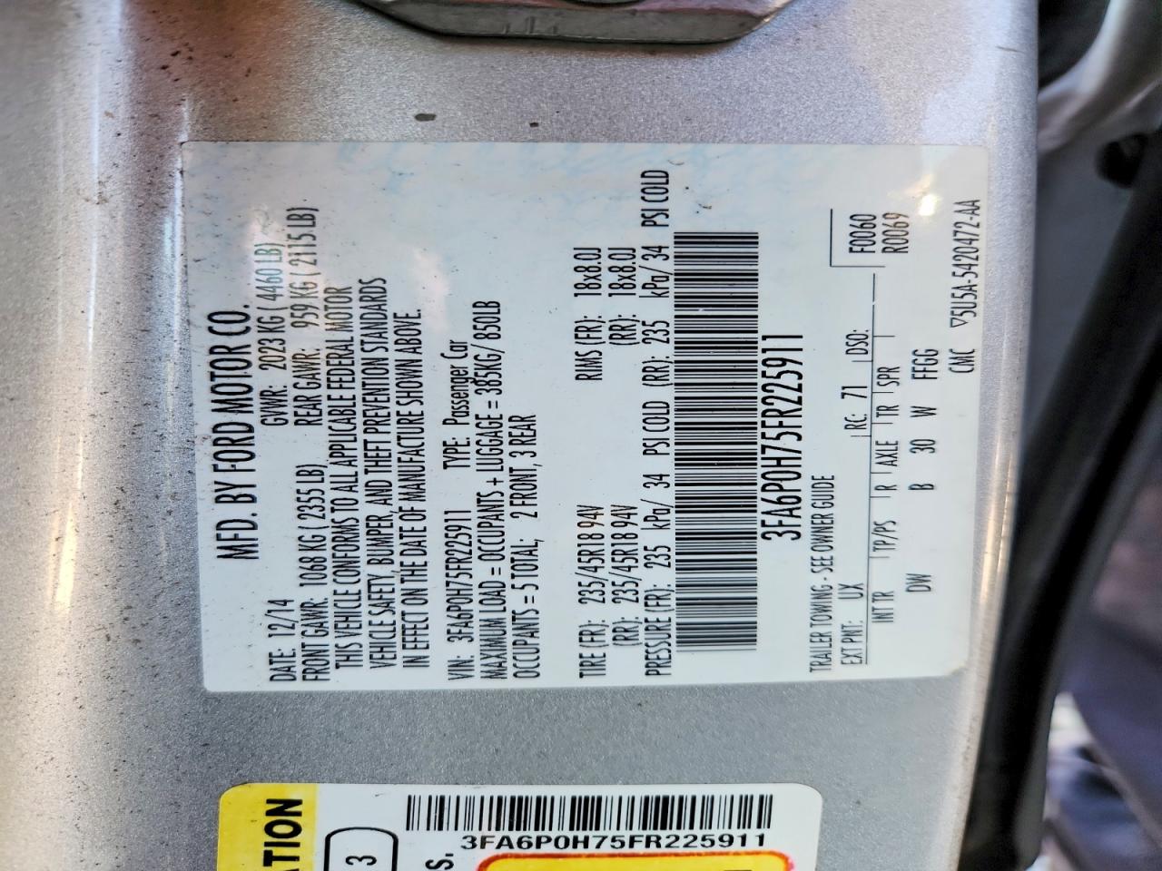 2015 Ford Fusion Se Silver vin: 3FA6P0H75FR225911