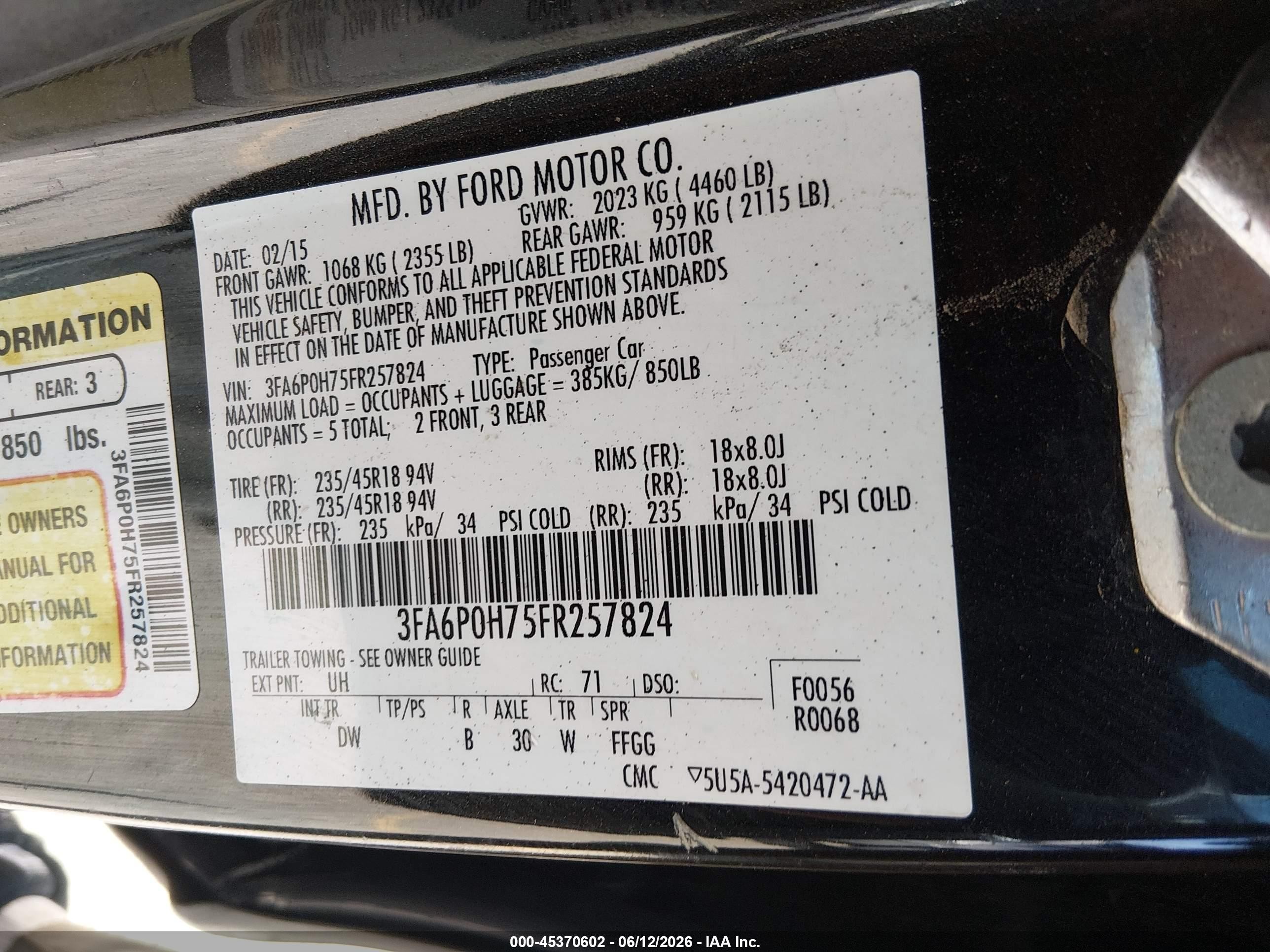 2015 Ford Fusion Se Black vin: 3FA6P0H75FR257824
