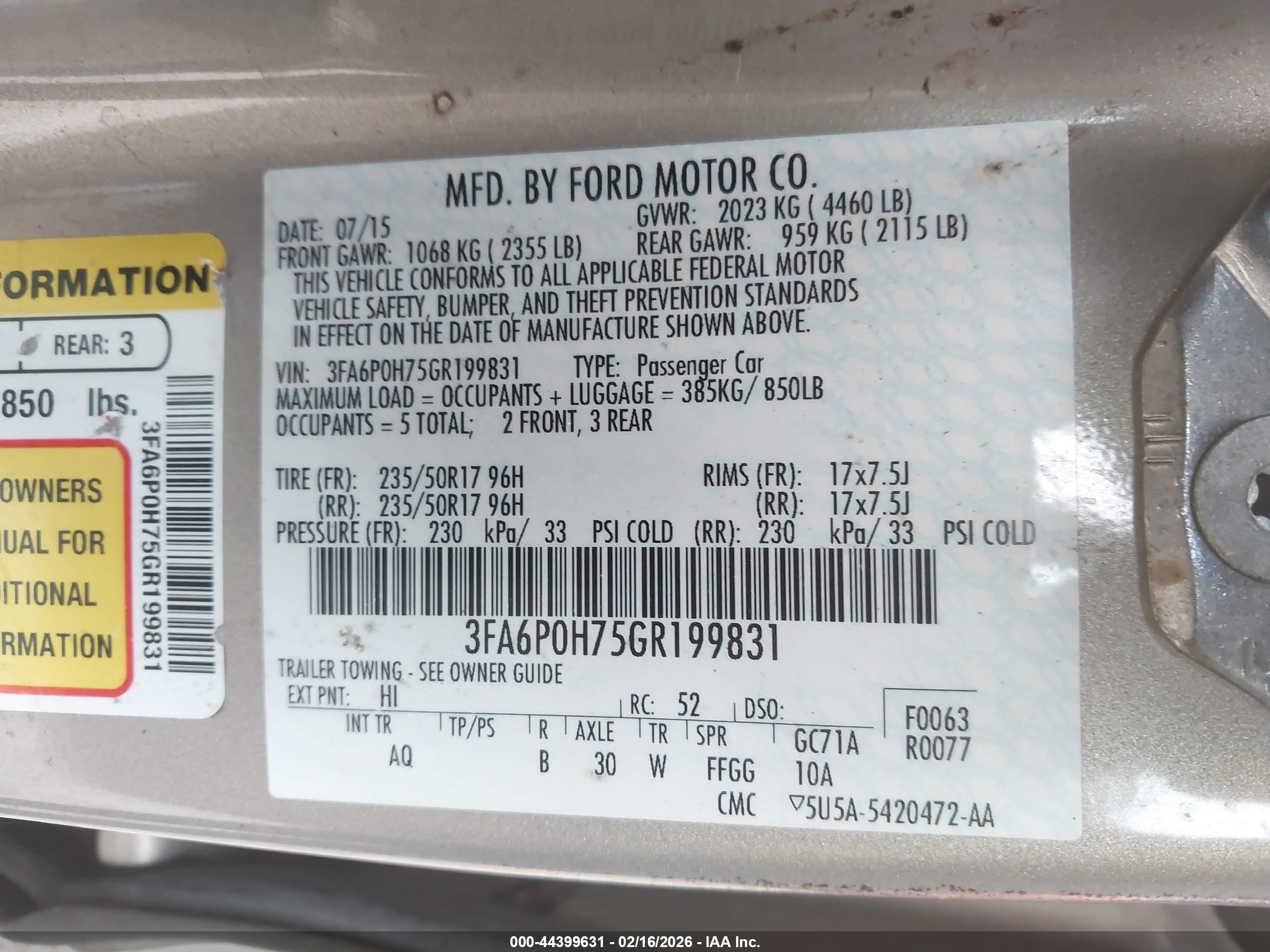 2016 Ford Fusion Se Beige vin: 3FA6P0H75GR199831