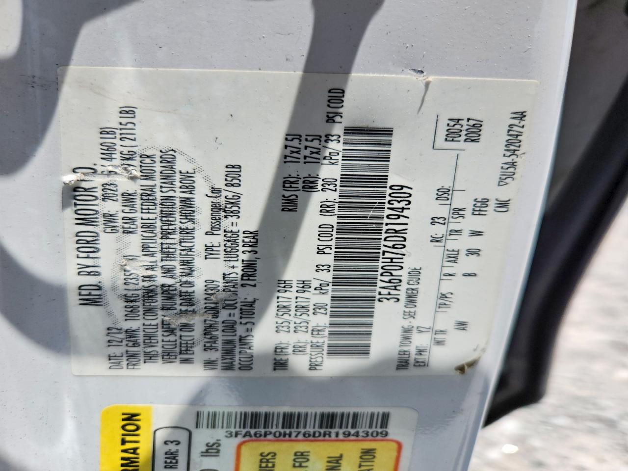 2013 Ford Fusion Se White vin: 3FA6P0H76DR194309