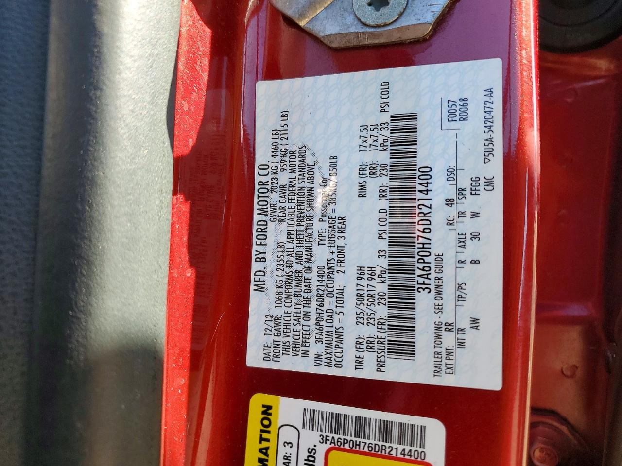 2013 Ford Fusion Se Red vin: 3FA6P0H76DR214400