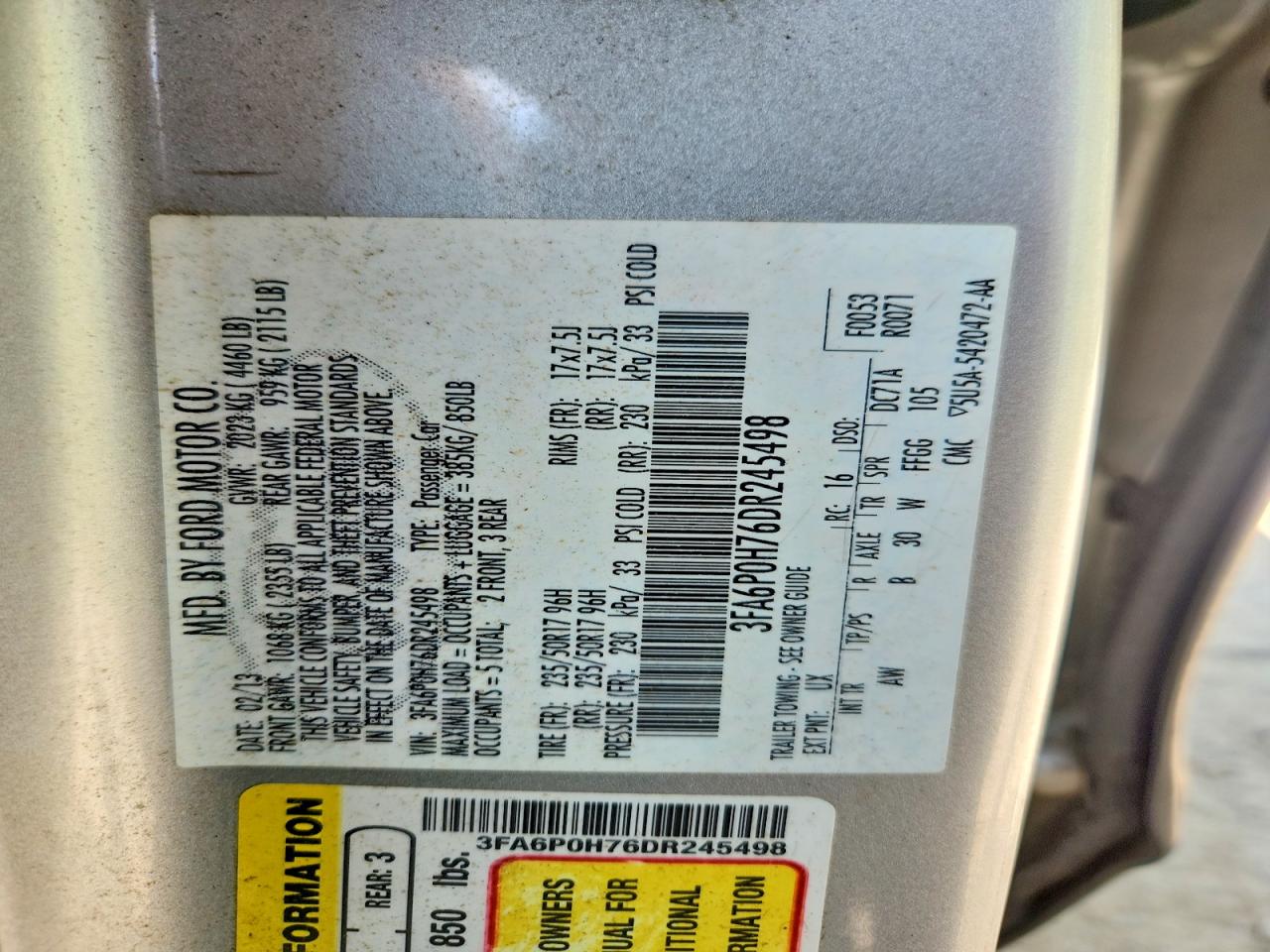 2013 Ford Fusion Se Gray vin: 3FA6P0H76DR245498