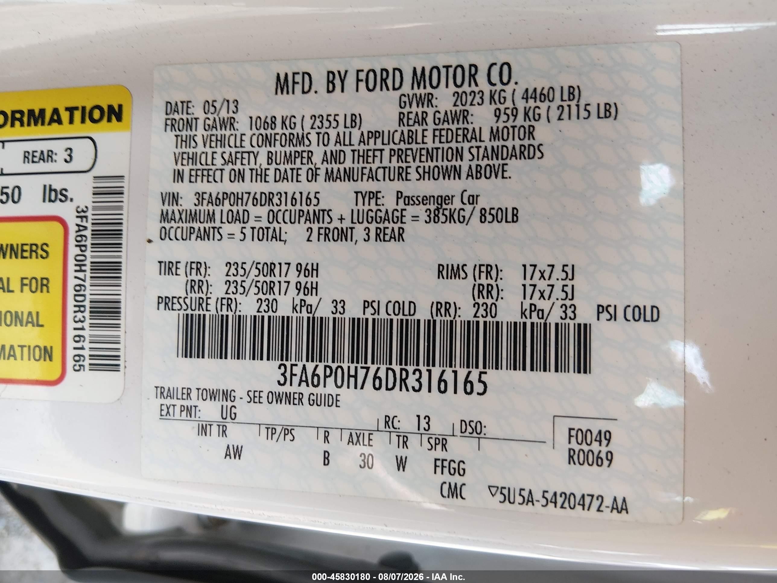 2013 Ford Fusion Se White vin: 3FA6P0H76DR316165