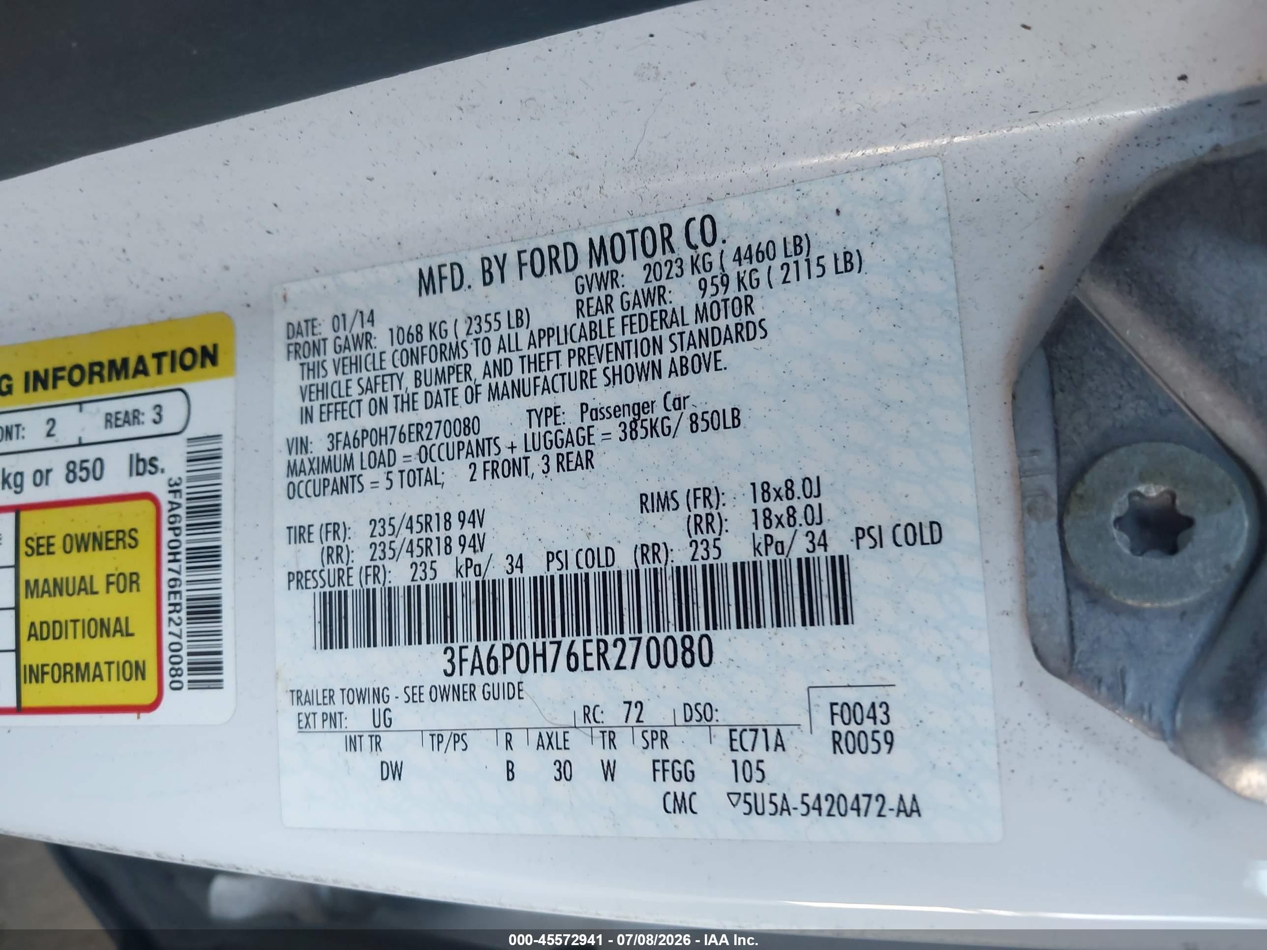2014 Ford Fusion Se White vin: 3FA6P0H76ER270080
