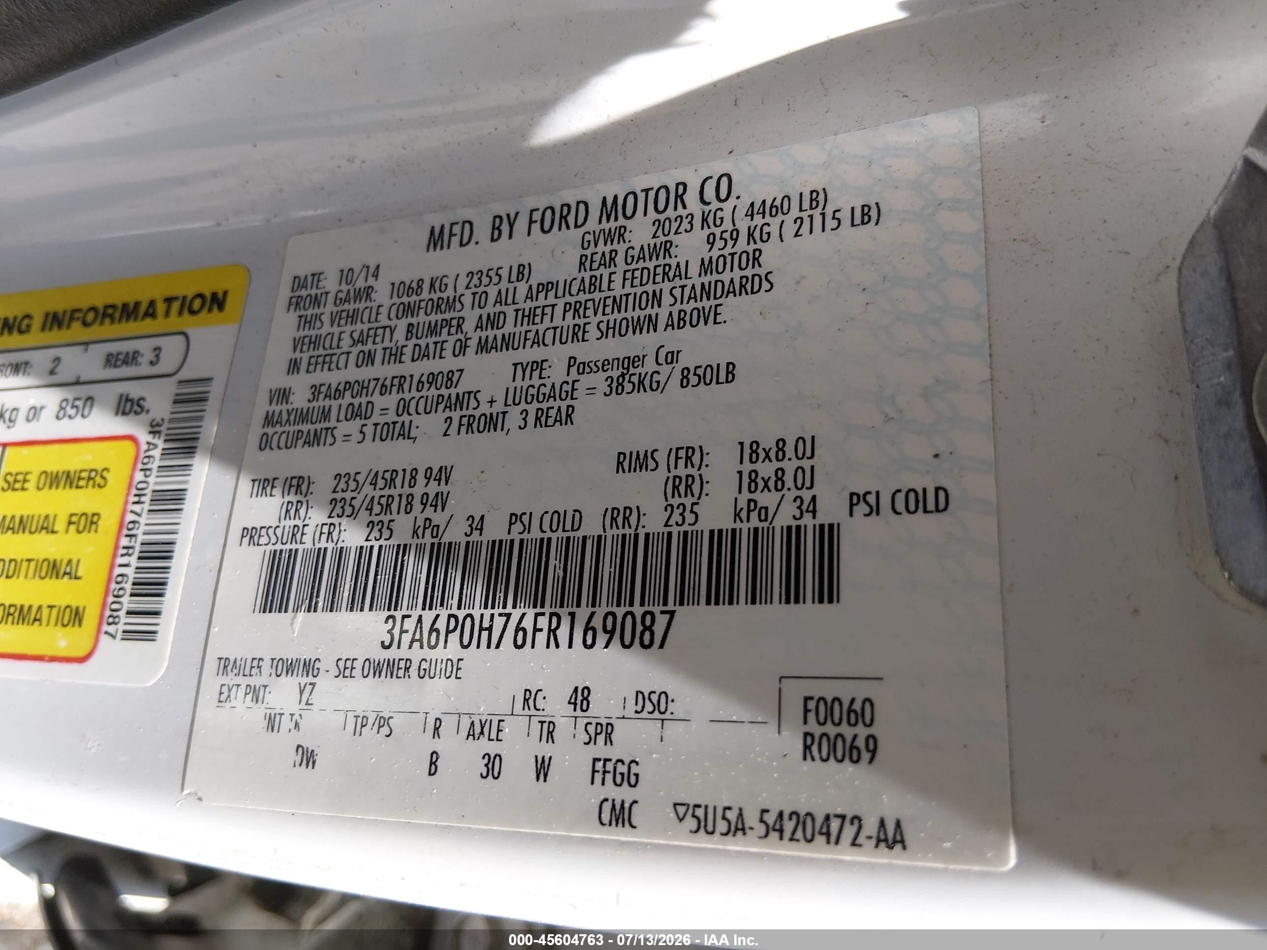 2015 Ford Fusion Se White vin: 3FA6P0H76FR169087
