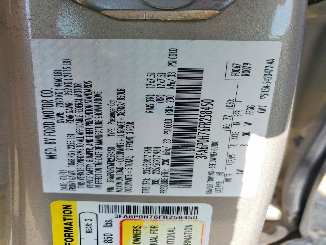2015 Ford Fusion Se Gold vin: 3FA6P0H76FR258450