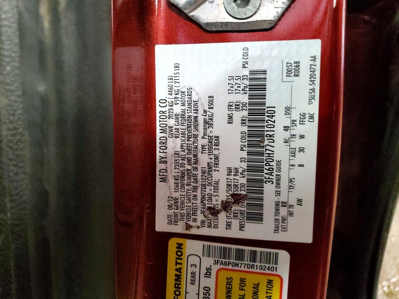 2013 Ford Fusion Se Burgundy vin: 3FA6P0H77DR102401