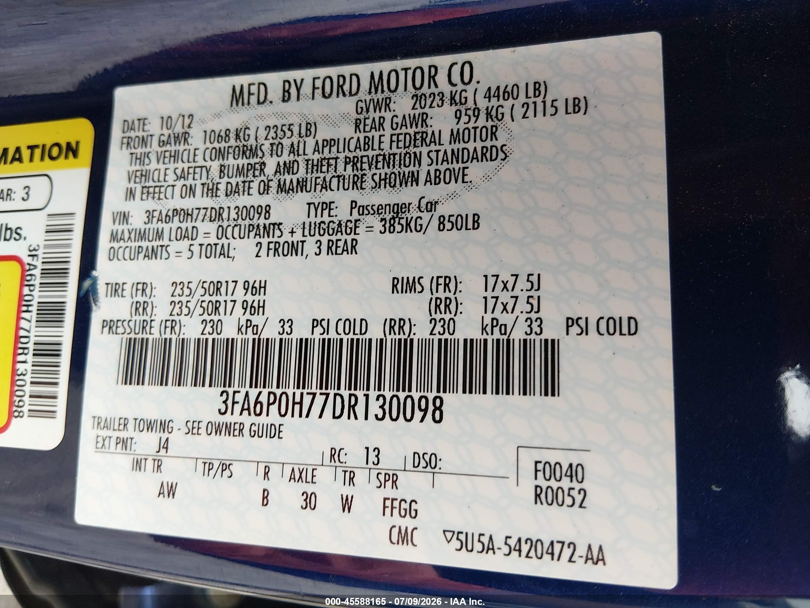 2013 Ford Fusion Se Blue vin: 3FA6P0H77DR130098