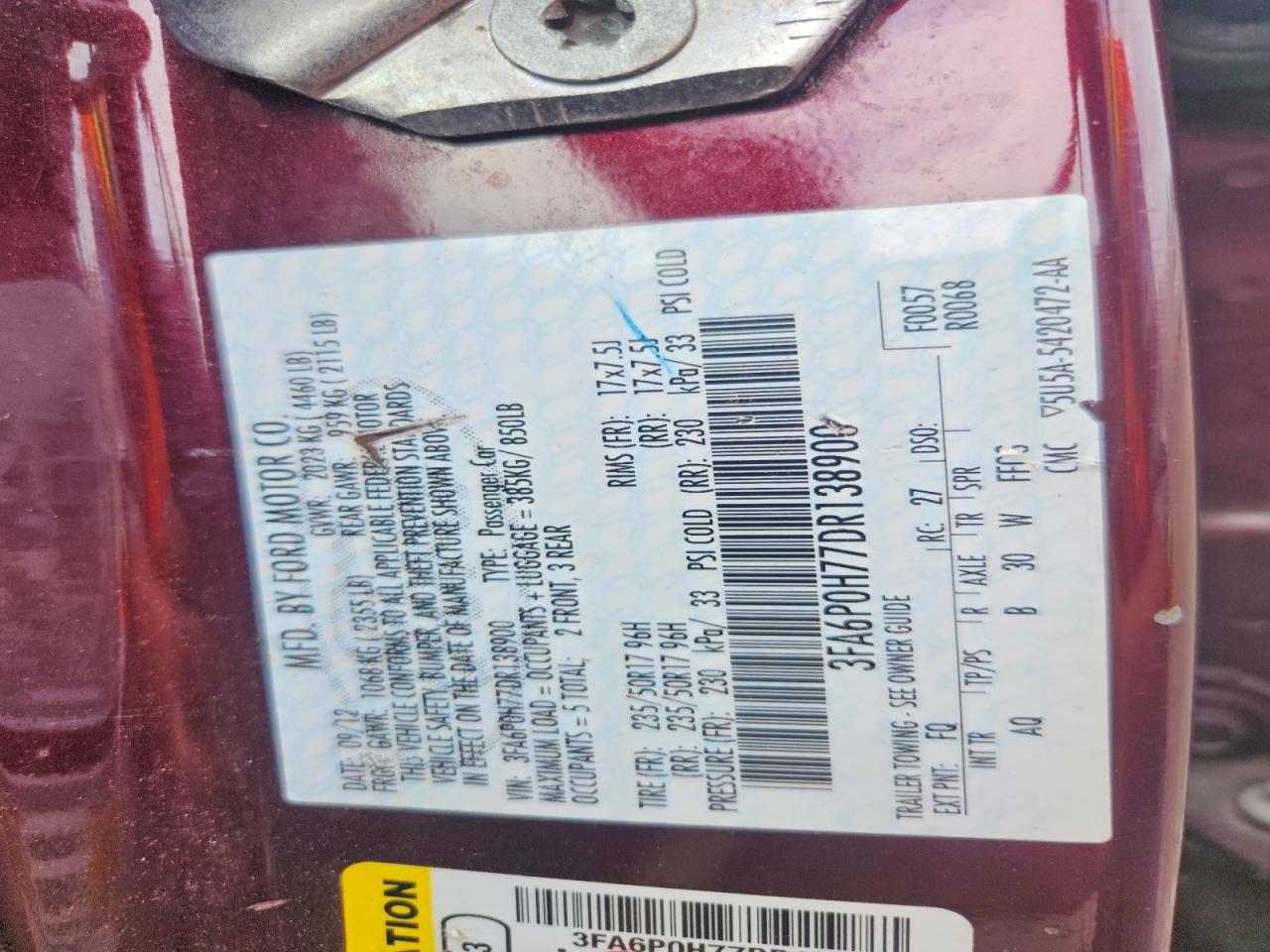 2013 Ford Fusion Se Maroon vin: 3FA6P0H77DR138900