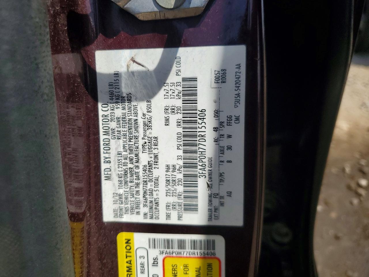 2013 Ford Fusion Se Burgundy vin: 3FA6P0H77DR155406