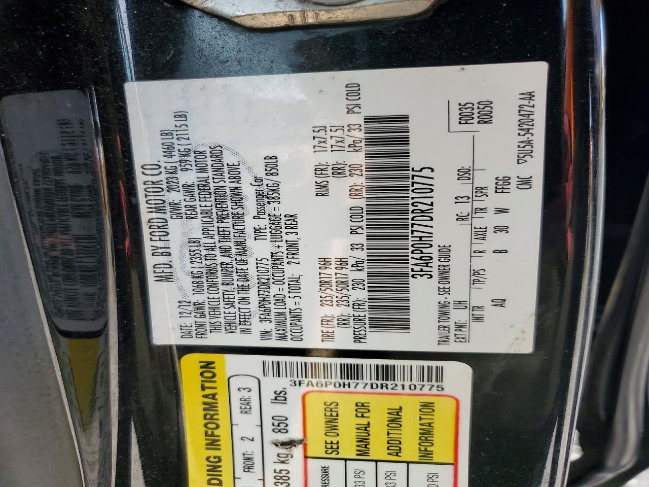 2013 Ford Fusion Se Black vin: 3FA6P0H77DR210775