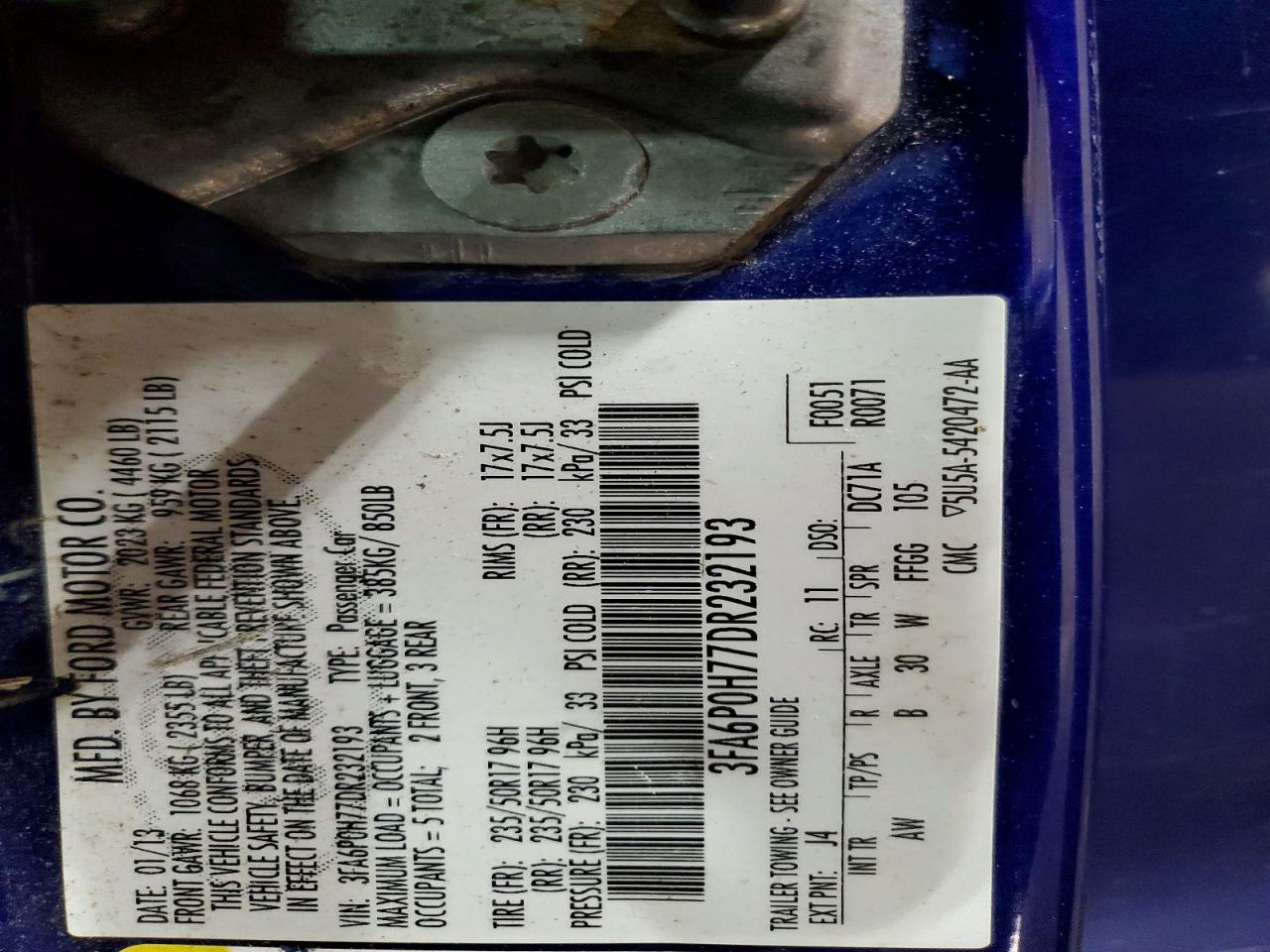 2013 Ford Fusion Se Blue vin: 3FA6P0H77DR232193