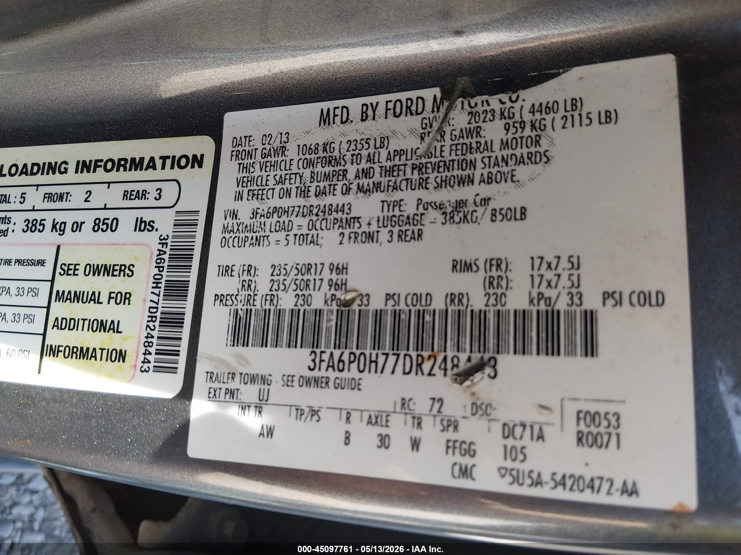 2013 Ford Fusion Se Gray vin: 3FA6P0H77DR248443
