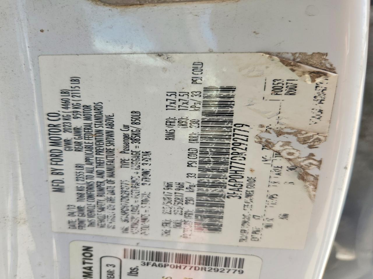 2013 Ford Fusion Se White vin: 3FA6P0H77DR292779