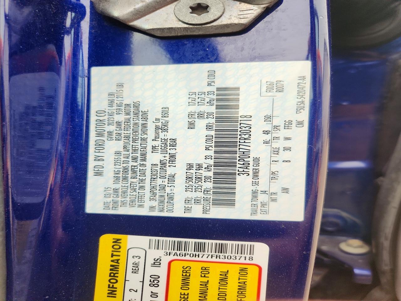 2015 Ford Fusion Se Blue vin: 3FA6P0H77FR303718