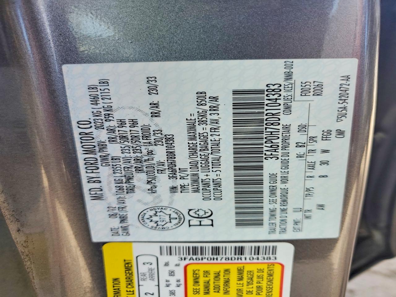 2013 Ford Fusion Se Gray vin: 3FA6P0H78DR104383