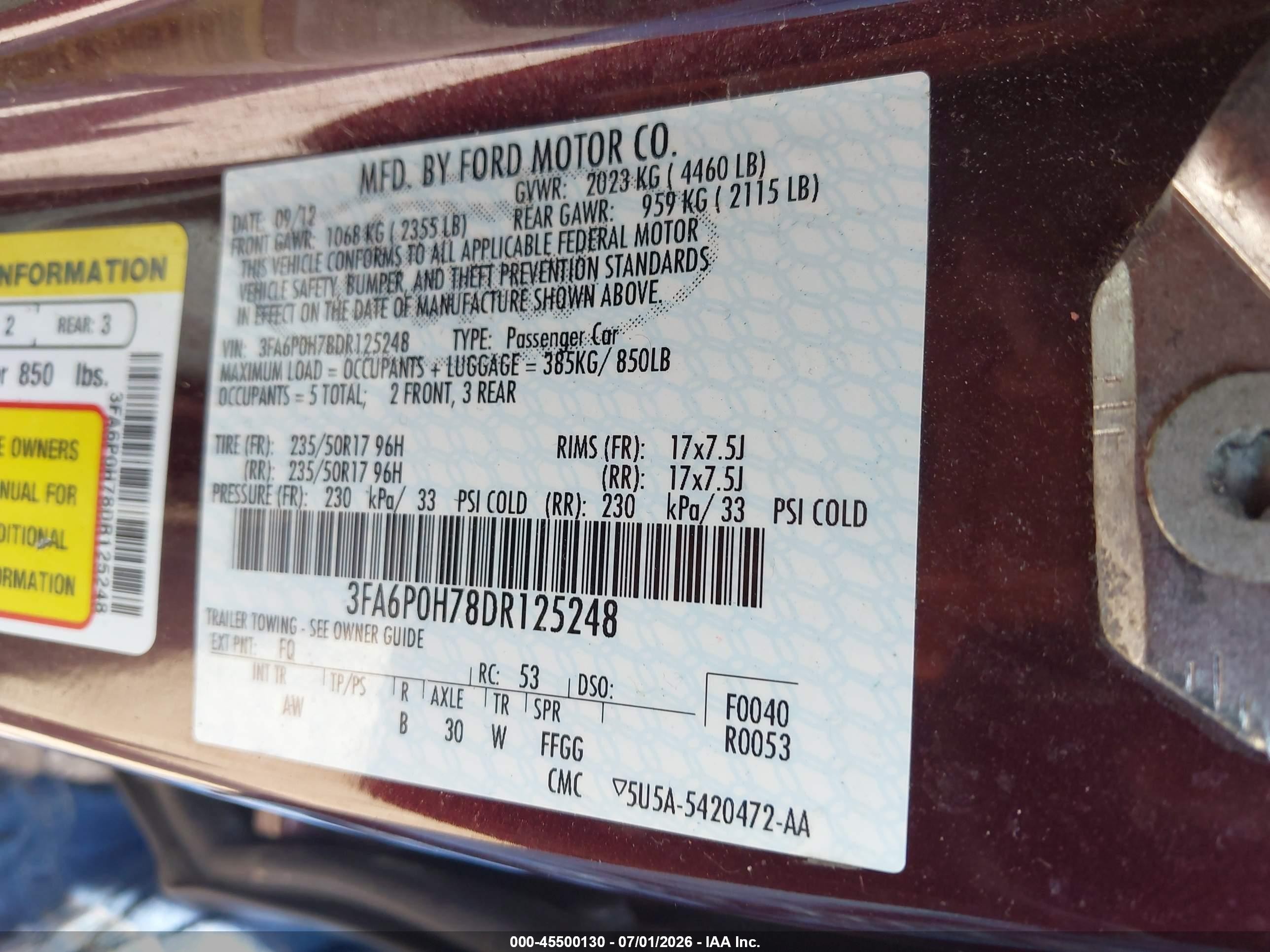 2013 Ford Fusion Se Maroon vin: 3FA6P0H78DR125248