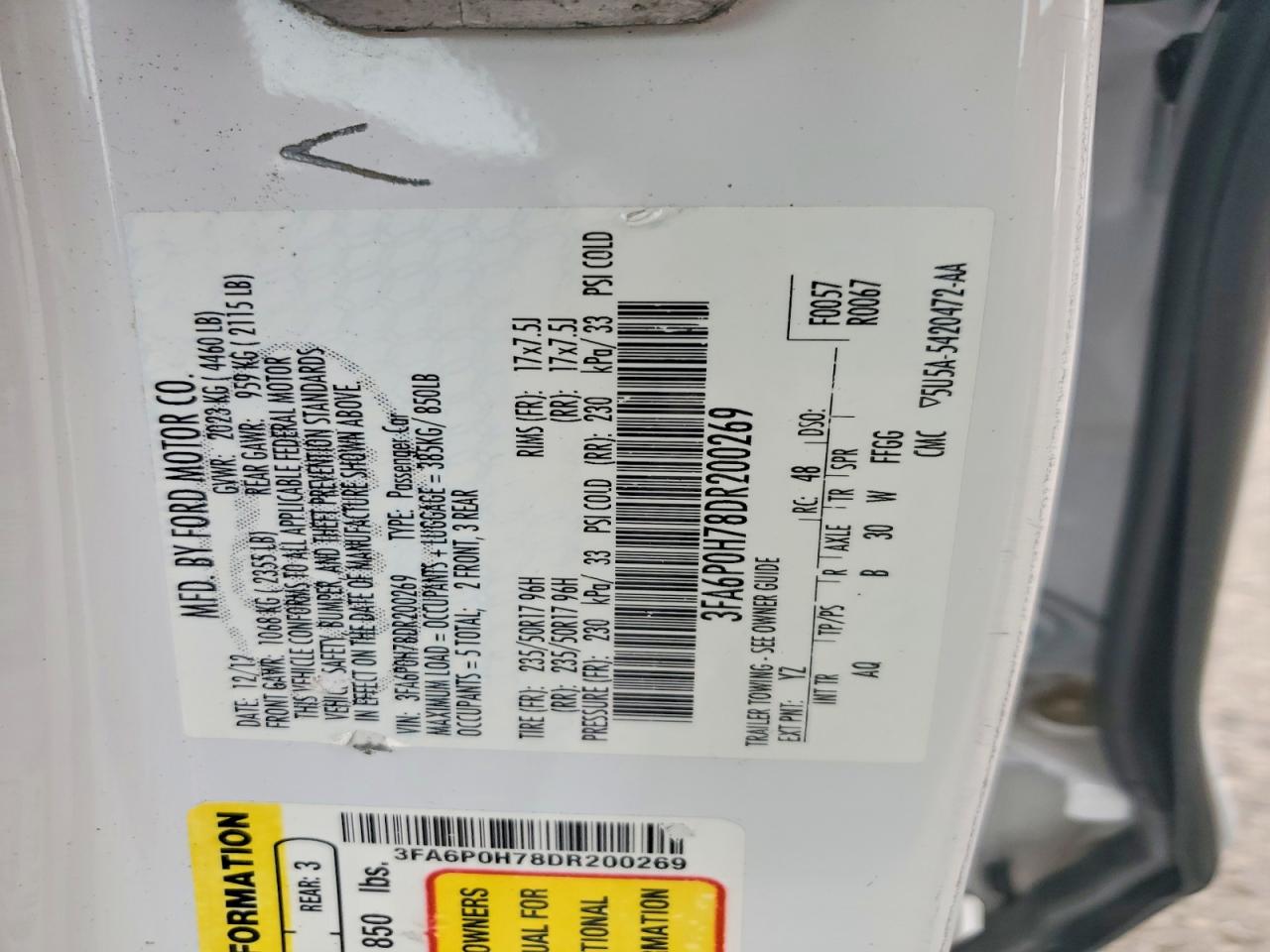 2013 Ford Fusion Se White vin: 3FA6P0H78DR200269