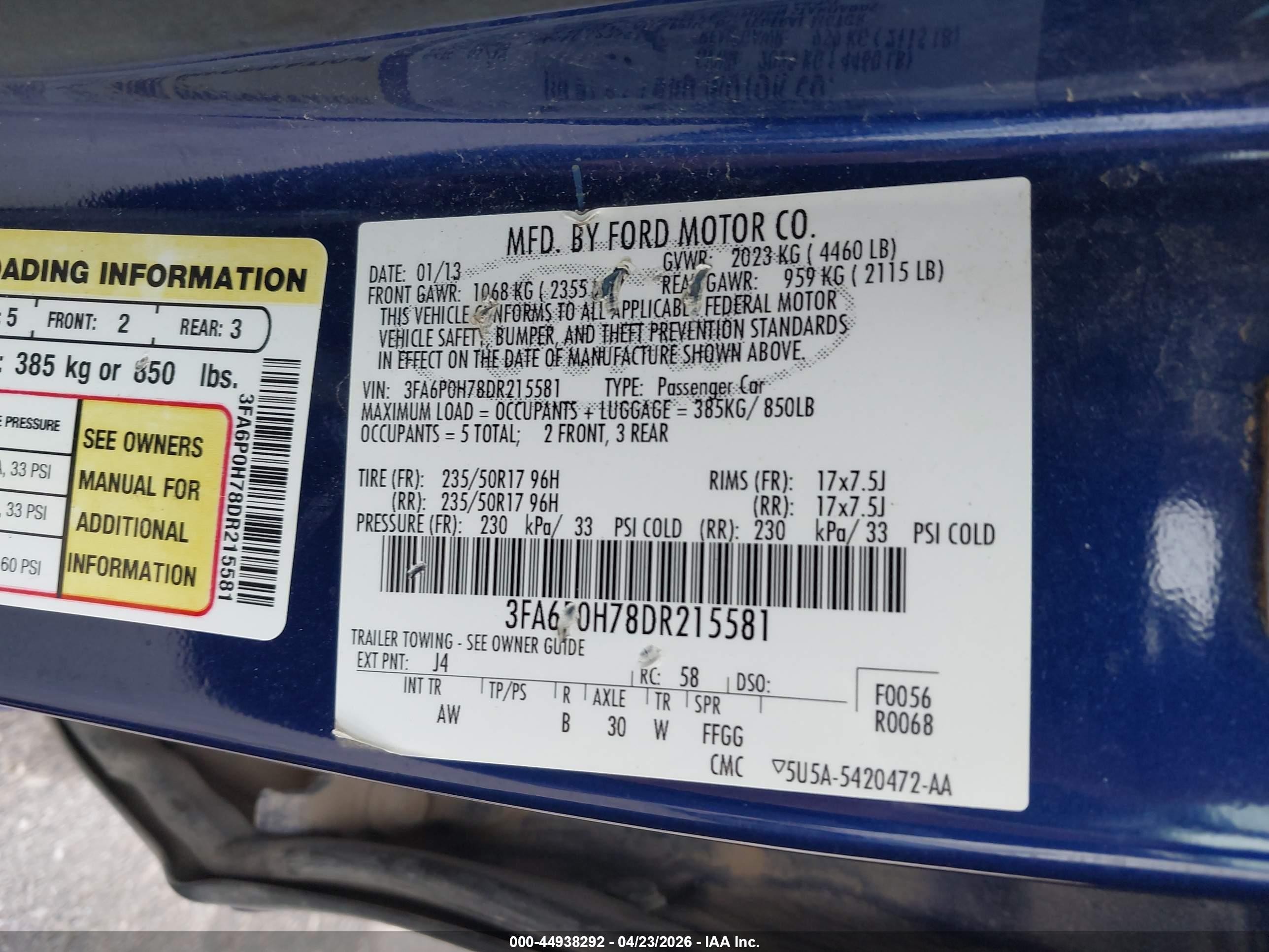 2013 Ford Fusion Se Blue vin: 3FA6P0H78DR215581