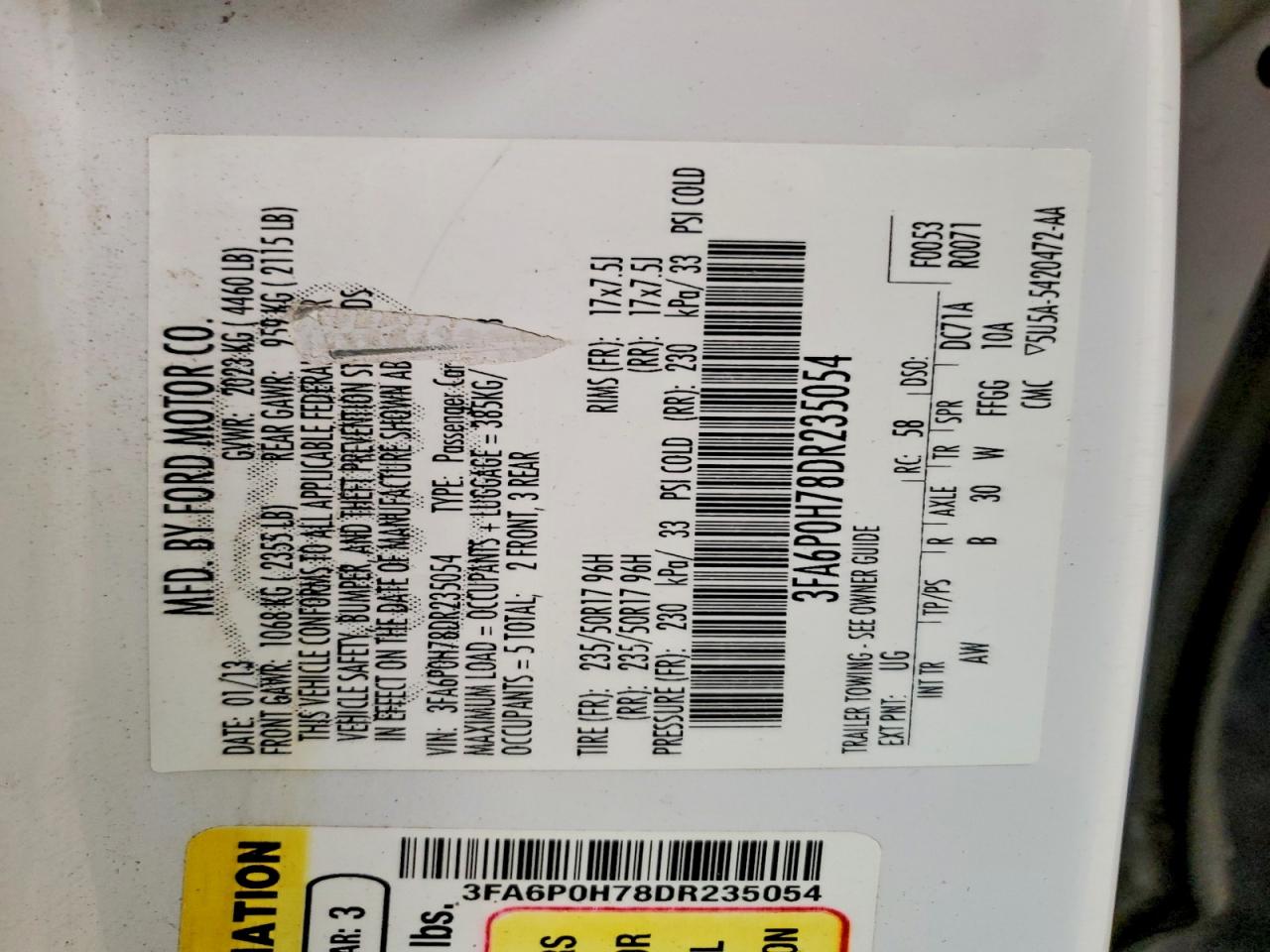 2013 Ford Fusion Se White vin: 3FA6P0H78DR235054