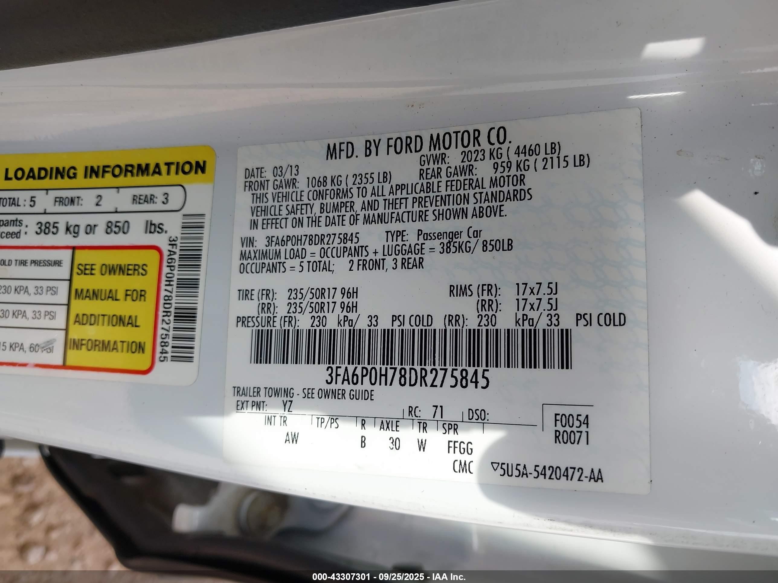 2013 Ford Fusion Se White vin: 3FA6P0H78DR275845