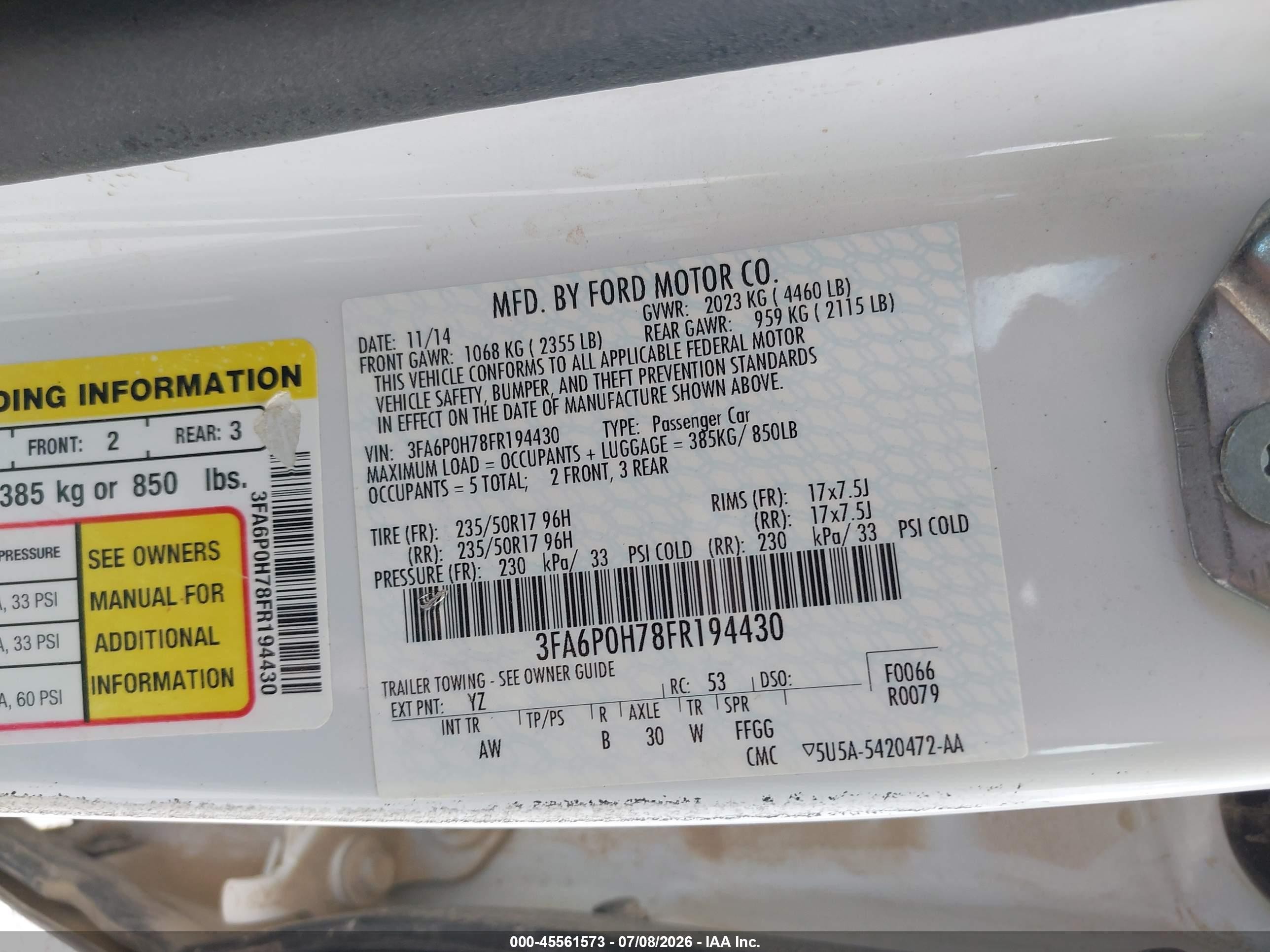 2015 Ford Fusion Se White vin: 3FA6P0H78FR194430