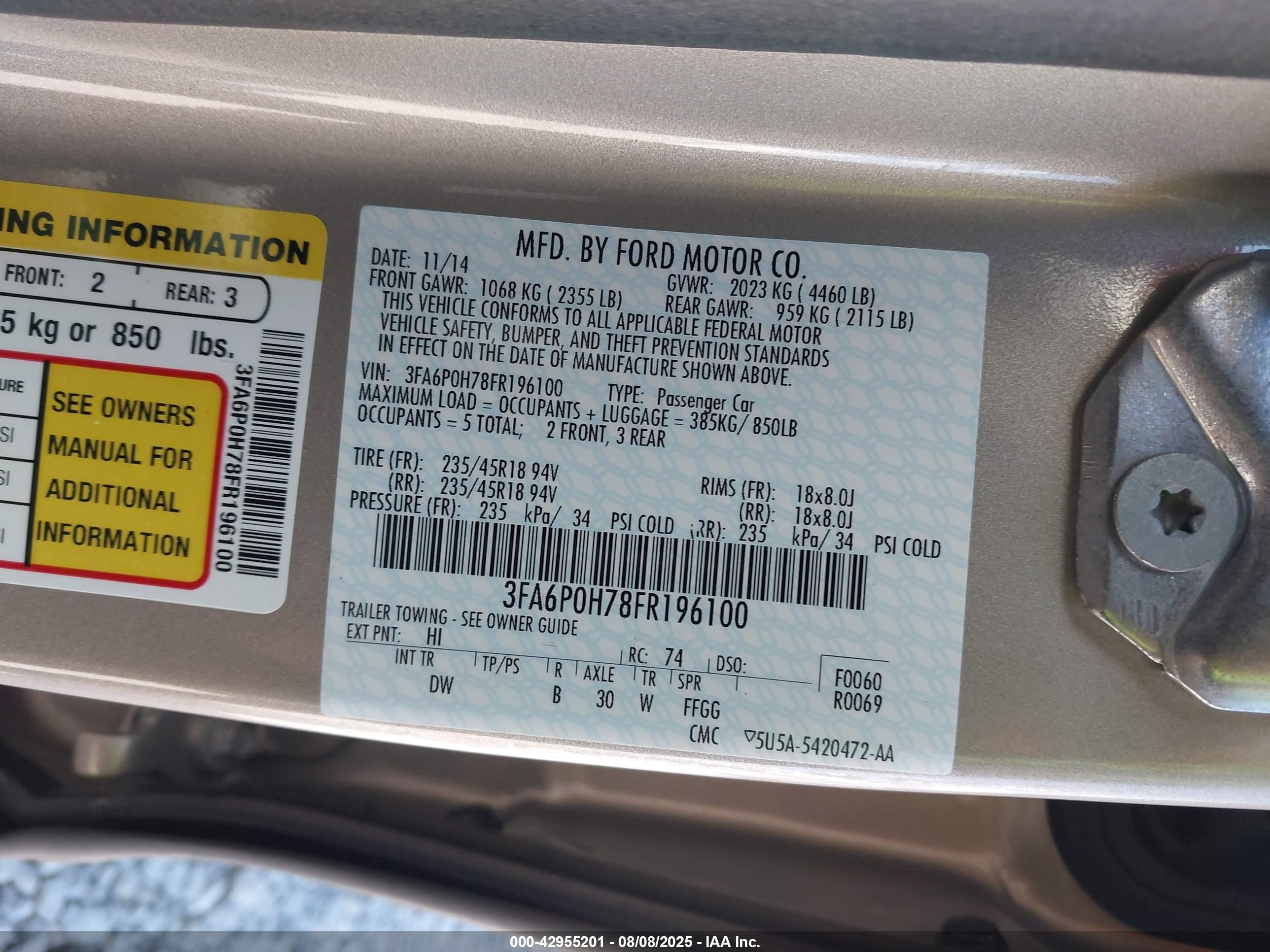 2015 Ford Fusion Se Tan vin: 3FA6P0H78FR196100