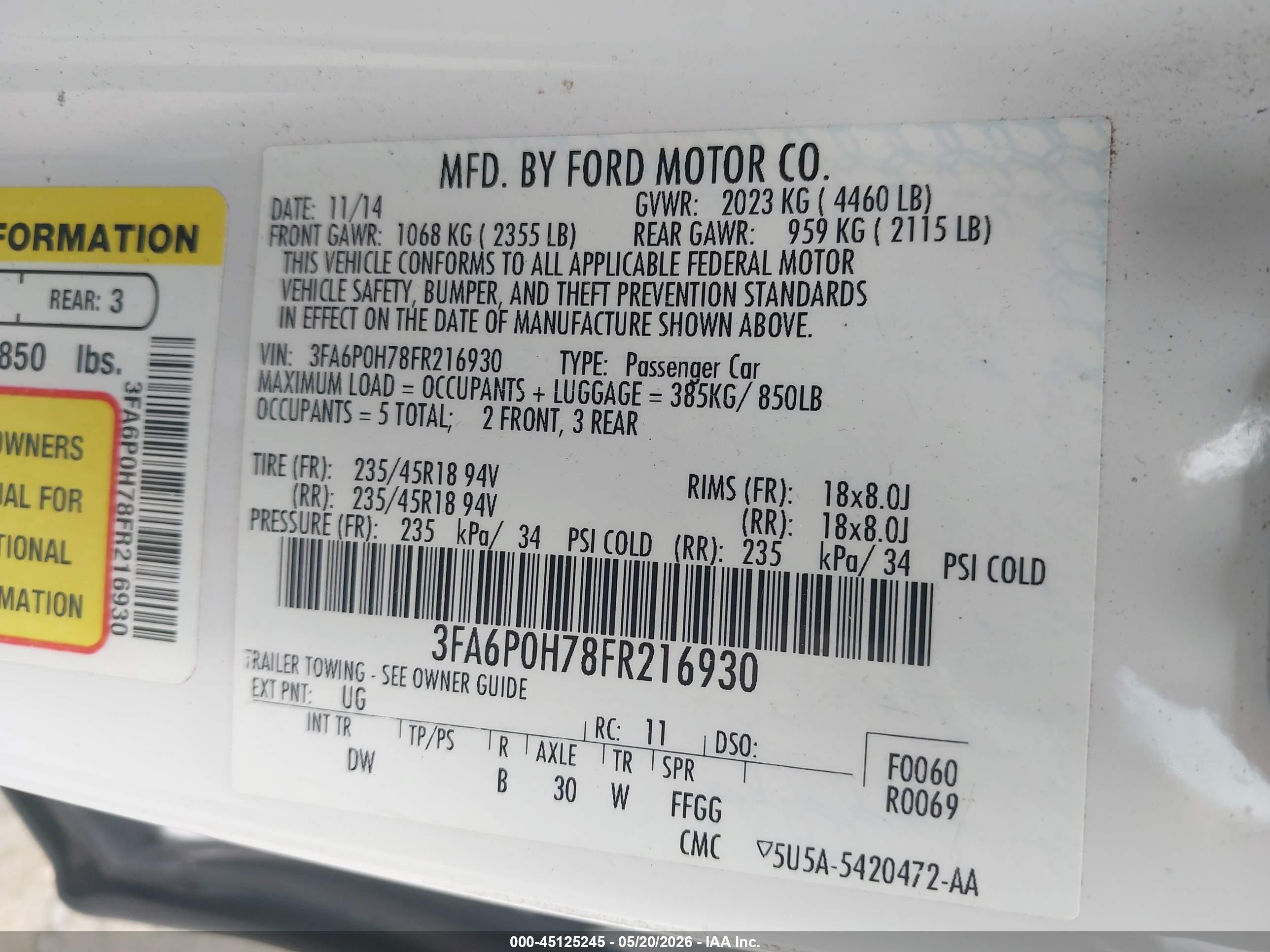 2015 Ford Fusion Se White vin: 3FA6P0H78FR216930