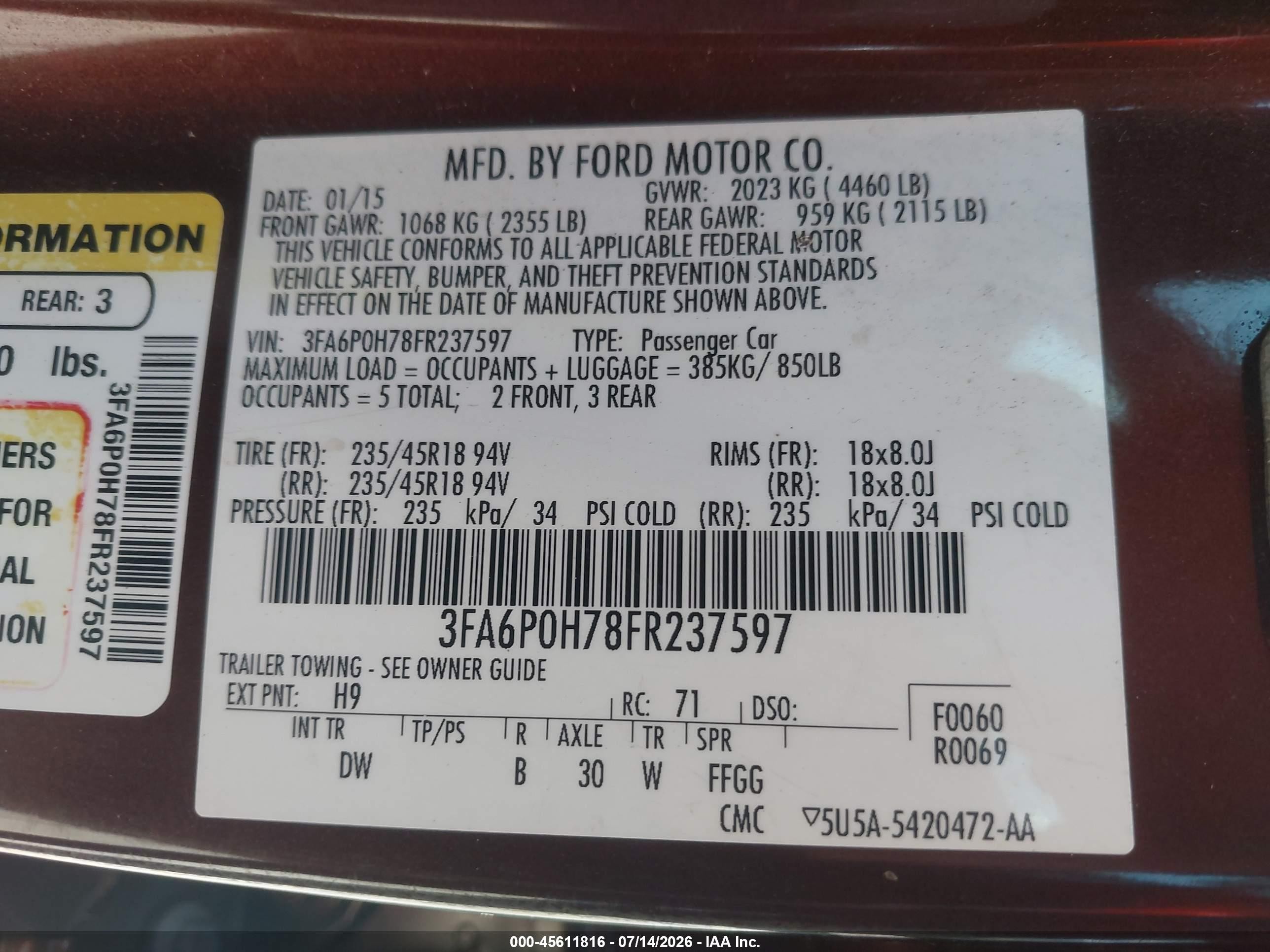 2015 Ford Fusion Se Burgundy vin: 3FA6P0H78FR237597