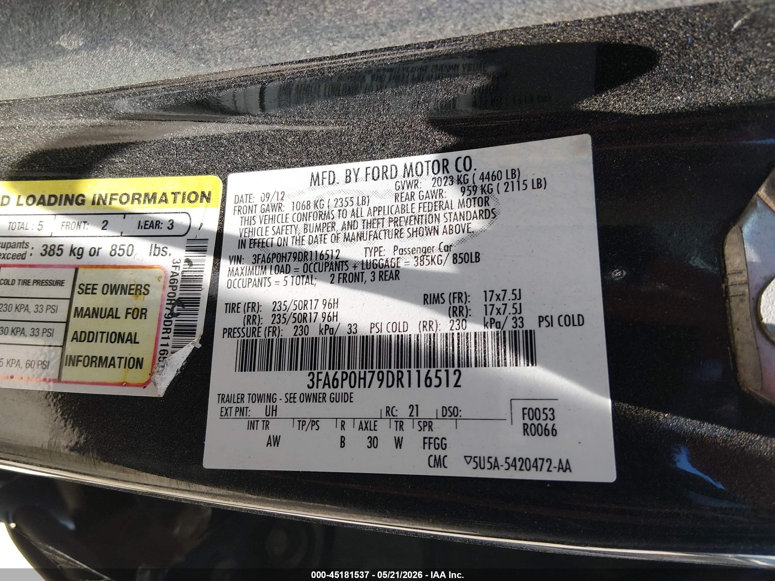 2013 Ford Fusion Se Black vin: 3FA6P0H79DR116512