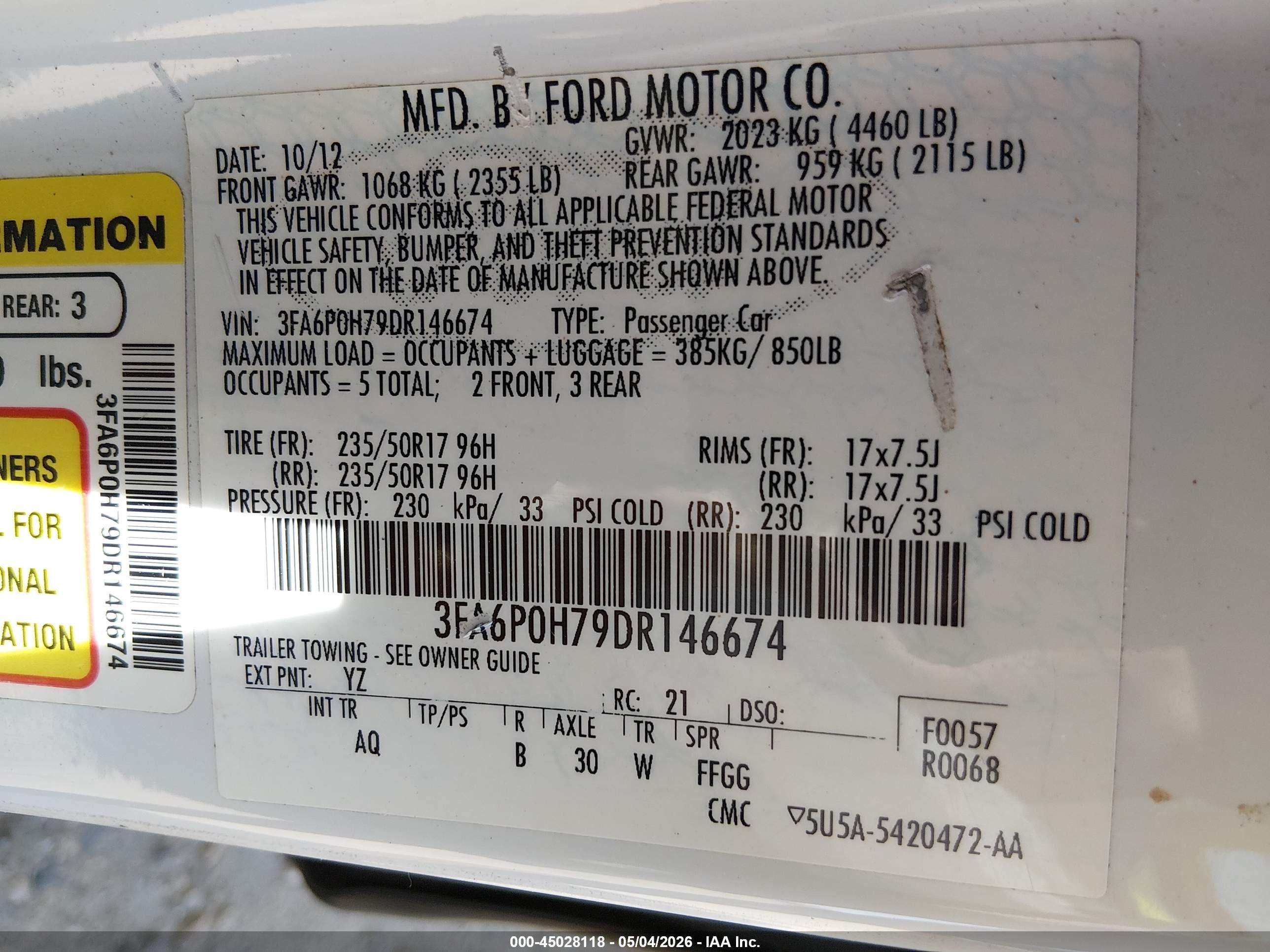 2013 Ford Fusion Se White vin: 3FA6P0H79DR146674