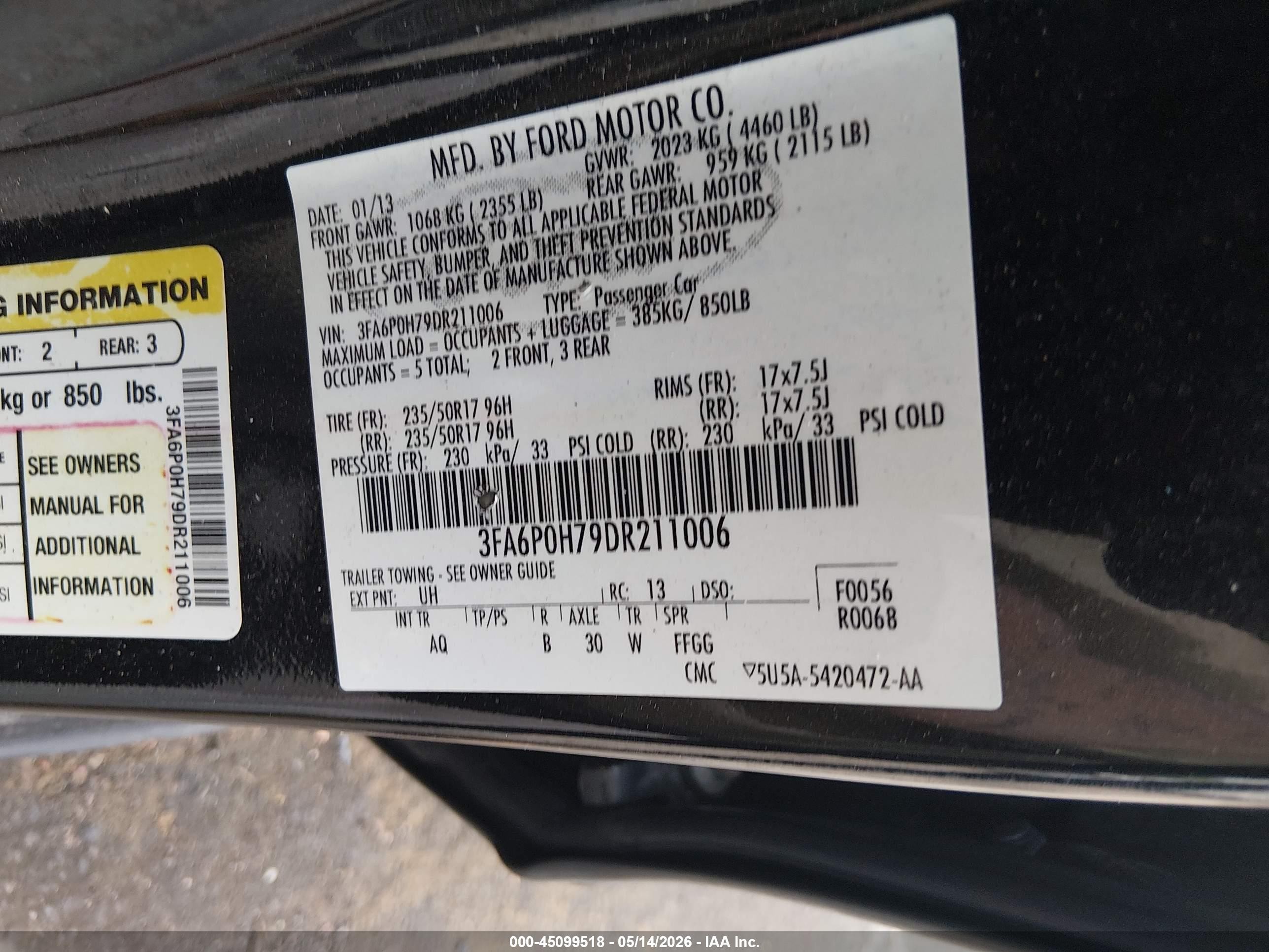 2013 Ford Fusion Se Black vin: 3FA6P0H79DR211006