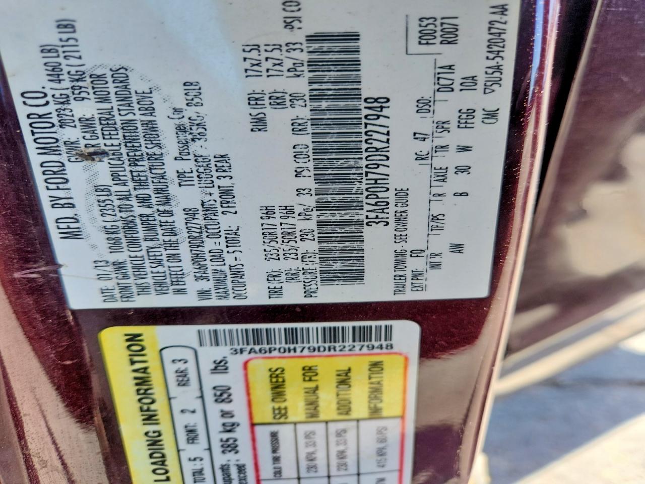 2013 Ford Fusion Se Burgundy vin: 3FA6P0H79DR227948