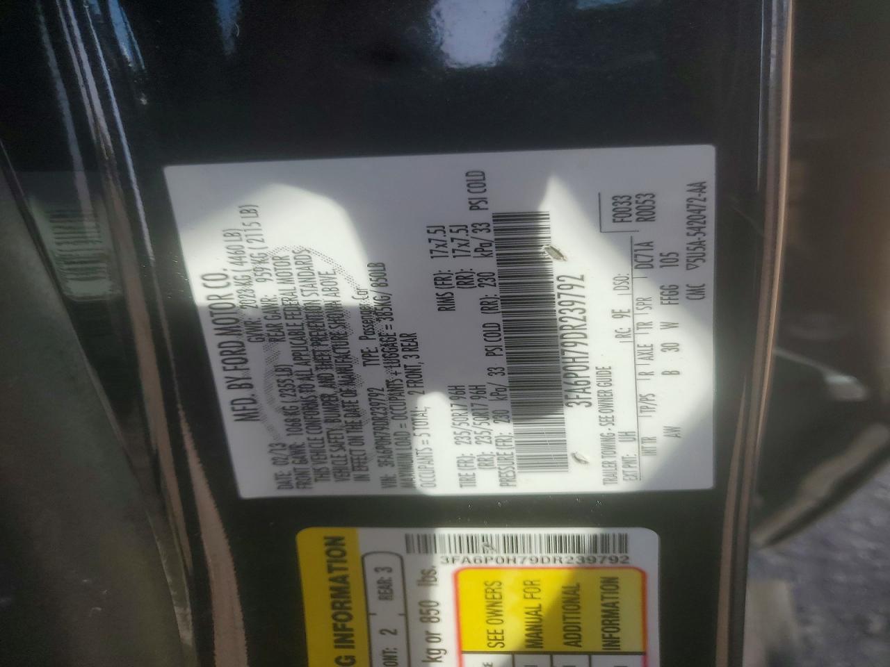 2013 Ford Fusion Se Black vin: 3FA6P0H79DR239792